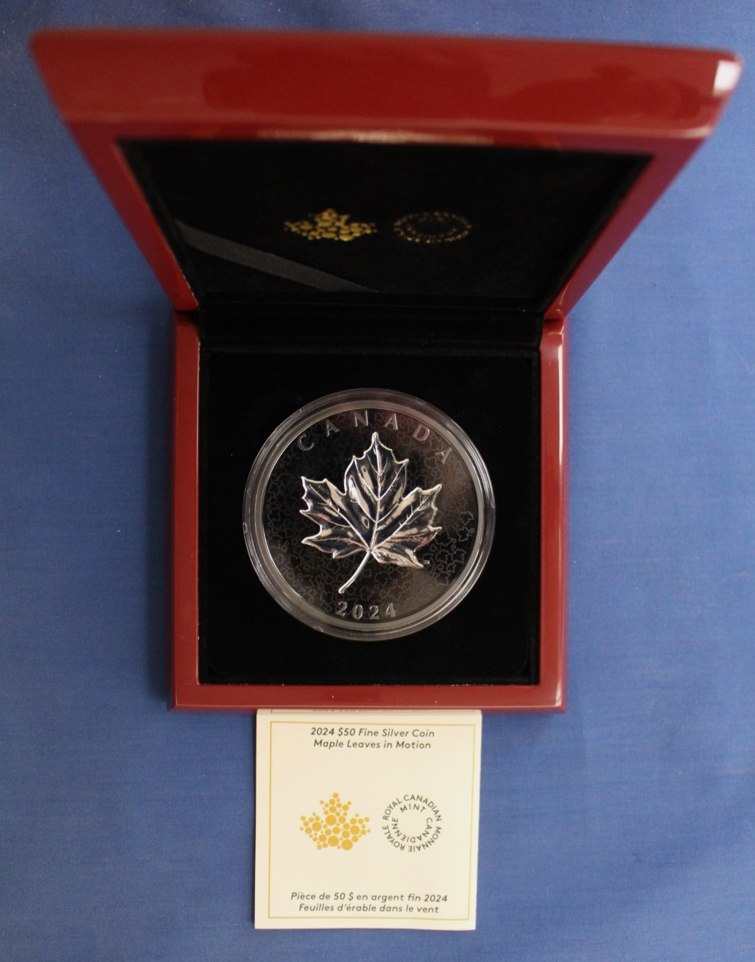 2024 Canada 5oz Silver Proof $50 coin "Maple Leaves in Motion" in Case with COA