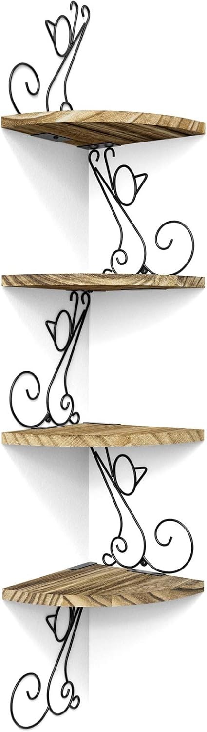 Wall Mount Corner Shelves 4 Tier Floating Corner Storage Wood Shelves Decorative