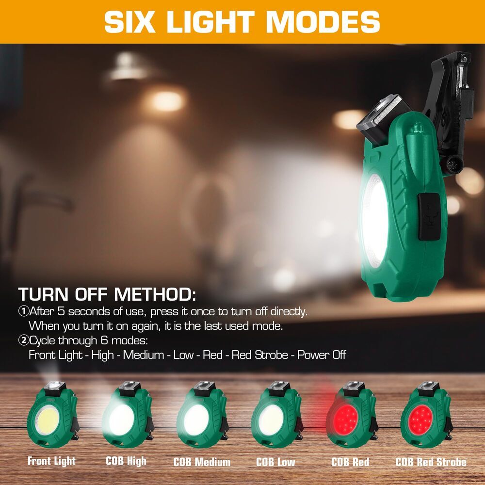 EverBrite 2 Pack COB Keychain Work Light Waterproof 6 Modes for Camping Green US