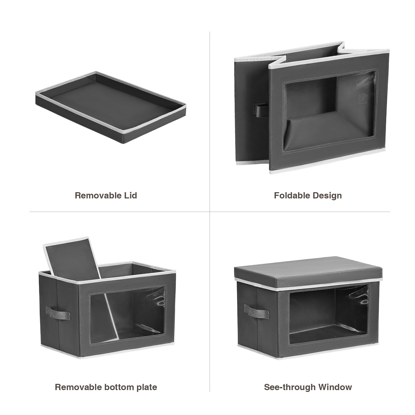 Collapsible Storage Bins with Lids, Handles, Window, 3~Pack, Dark Grey