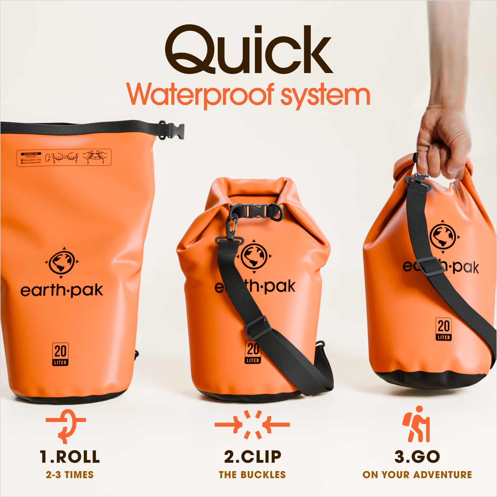 Earth Pak Waterproof Dry Bag - Roll Top Backpack Sack 20L, Orange
