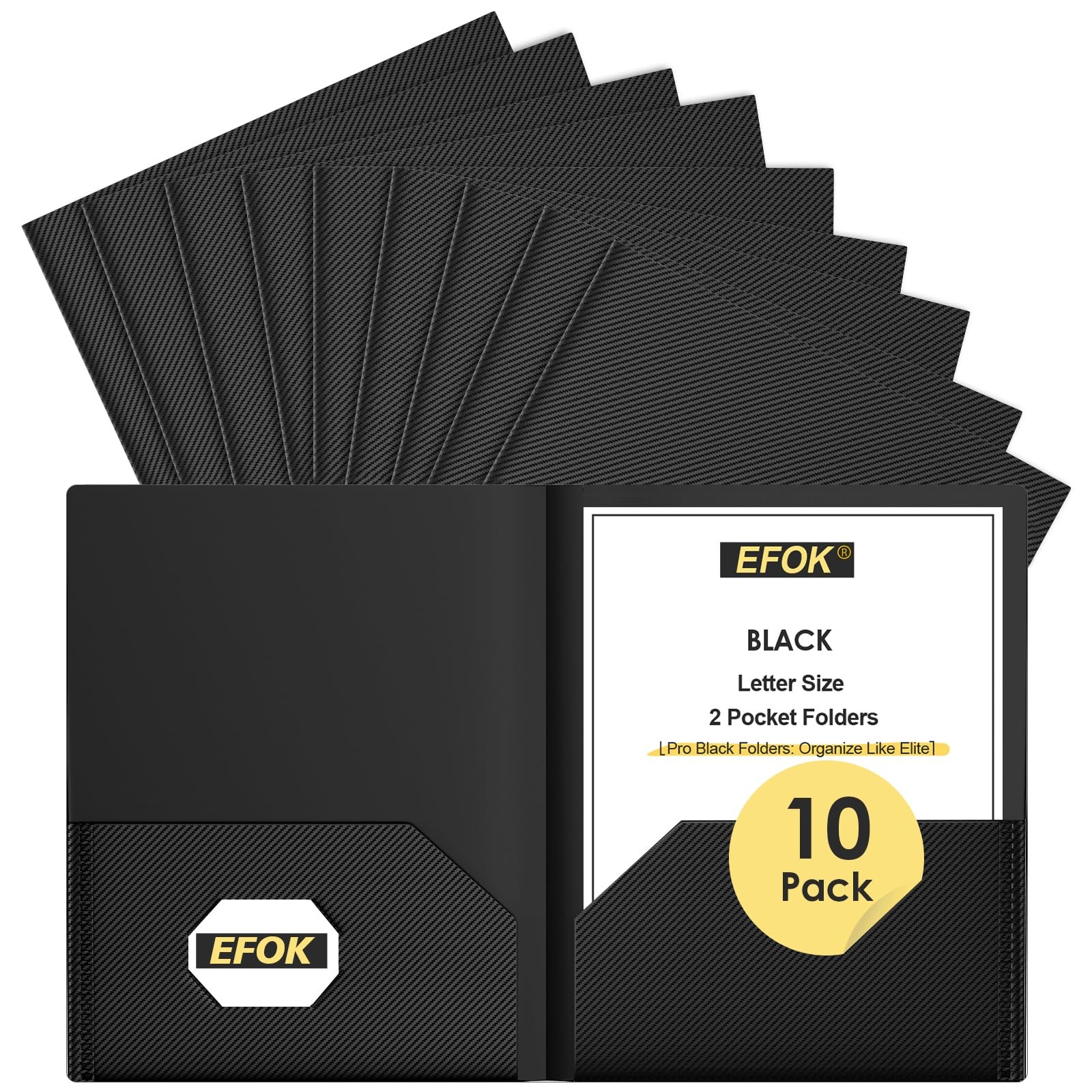 10 Pack Heavy Duty Black Plastic Folders with 2 Pockets, Textured Light Luxur...