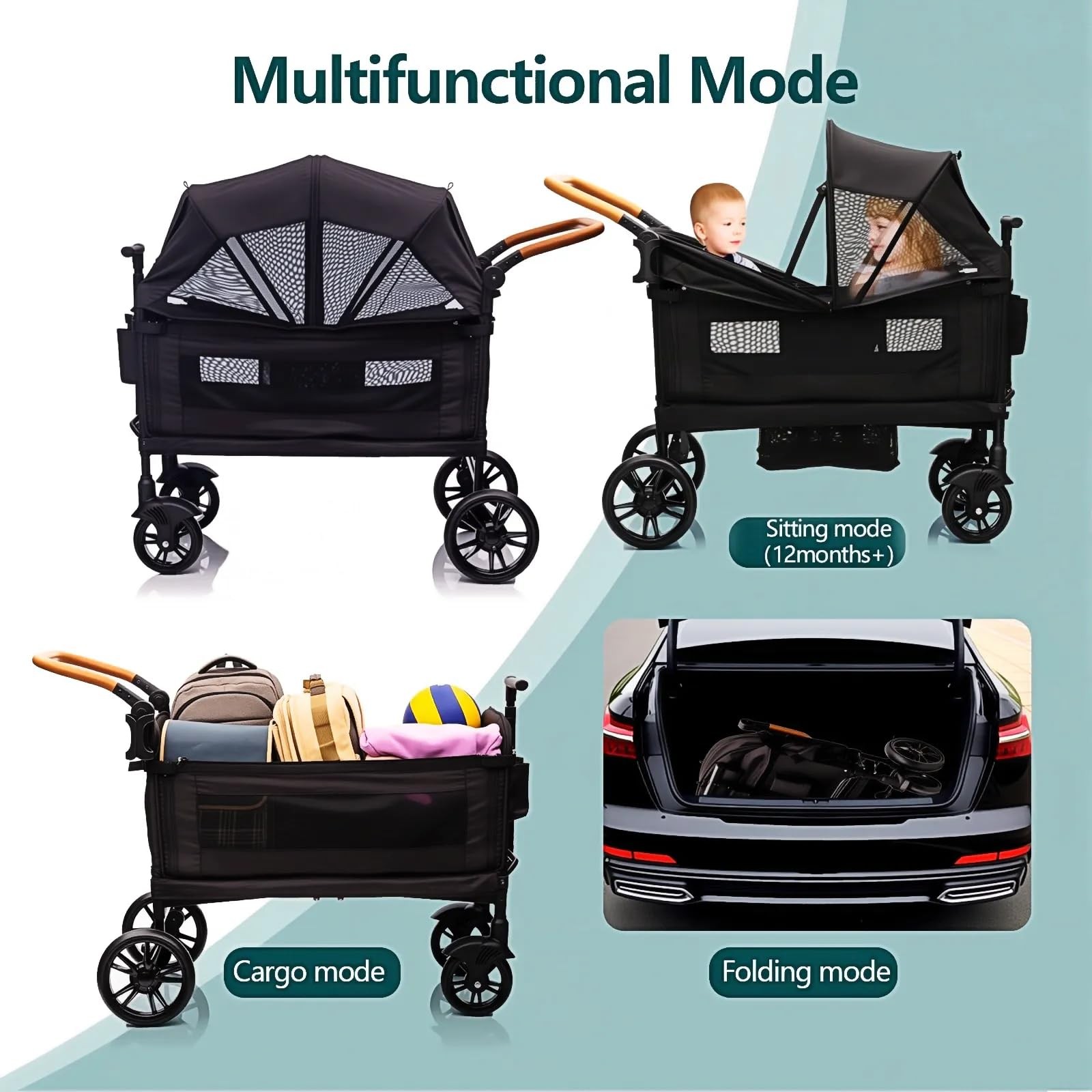 Luxury Wagon Stroller for 2 Kids & Cargo-Lightweight Foldable Travel Push Pul...
