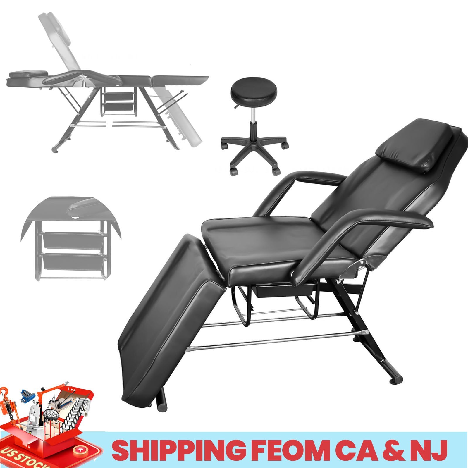 Black Tattoo Chair 881lbs Adjustable Facial Bed Spa Bed  w/Stool for Tattoo