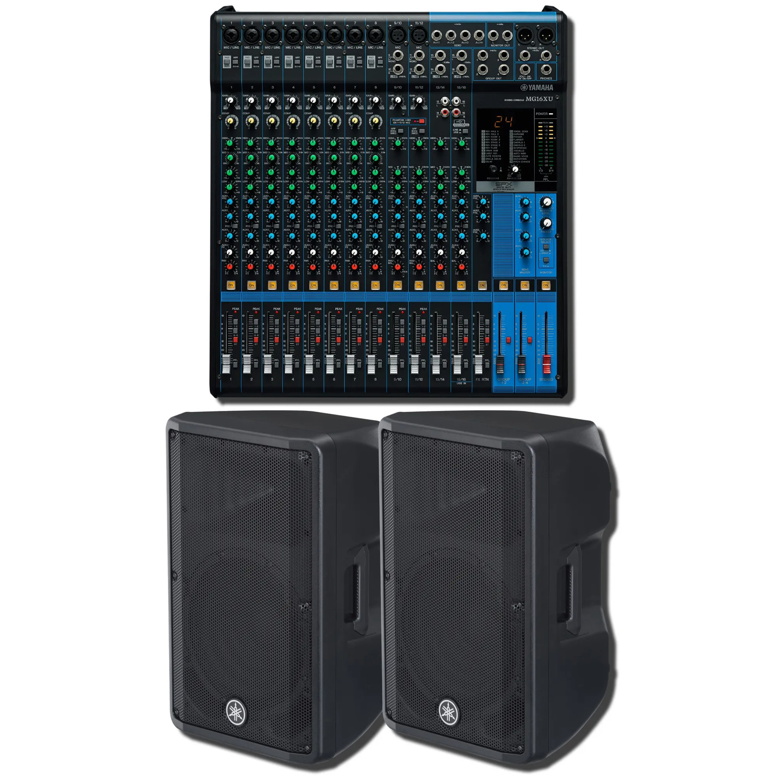 Yamaha MG16XU 16-Ch USB Mixer w/ 2x DBR12 1000W Powered Speakers Bundle
