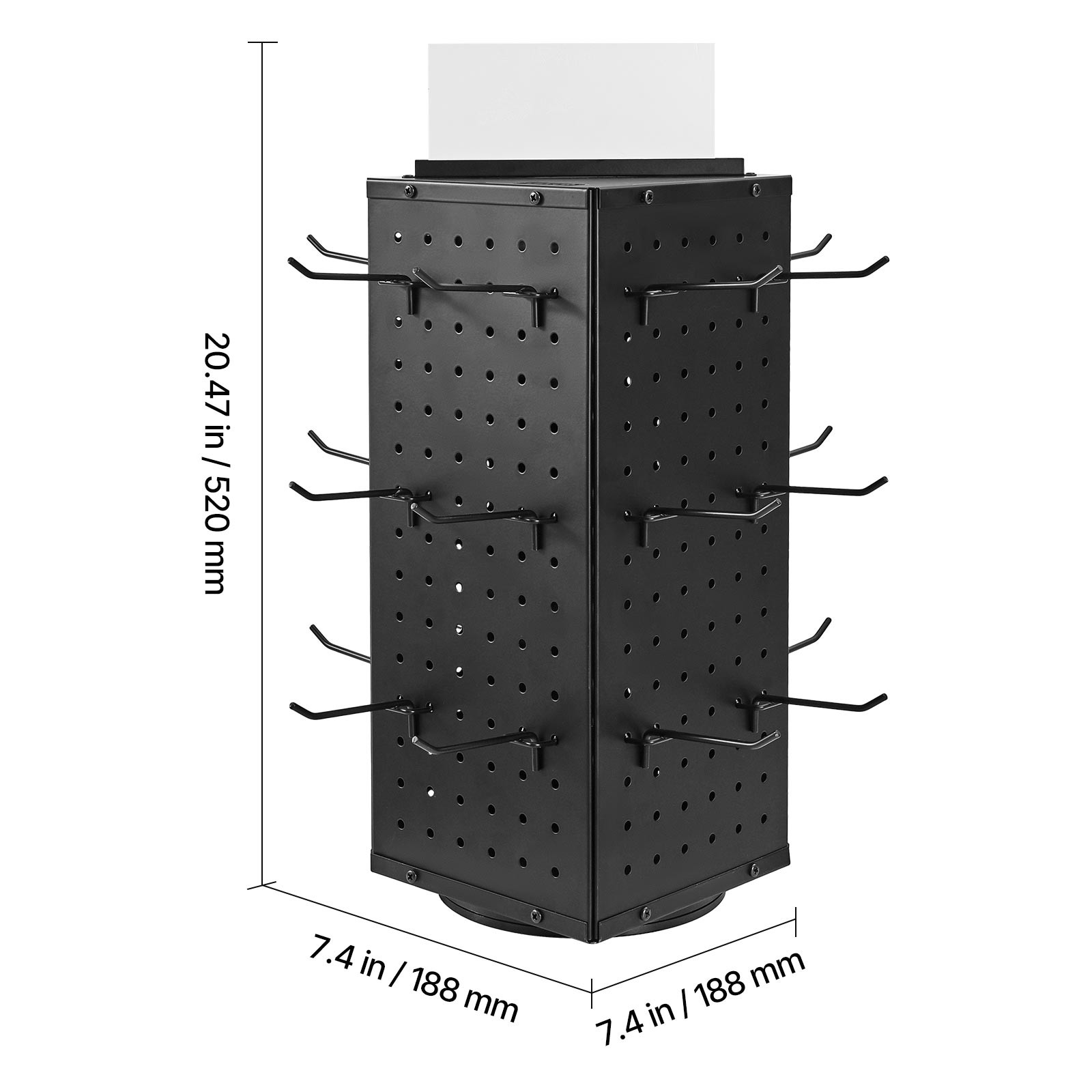 Rotating Pegboard Display 4-Sided Spinning Peg Board Display with 24 Hooks Black