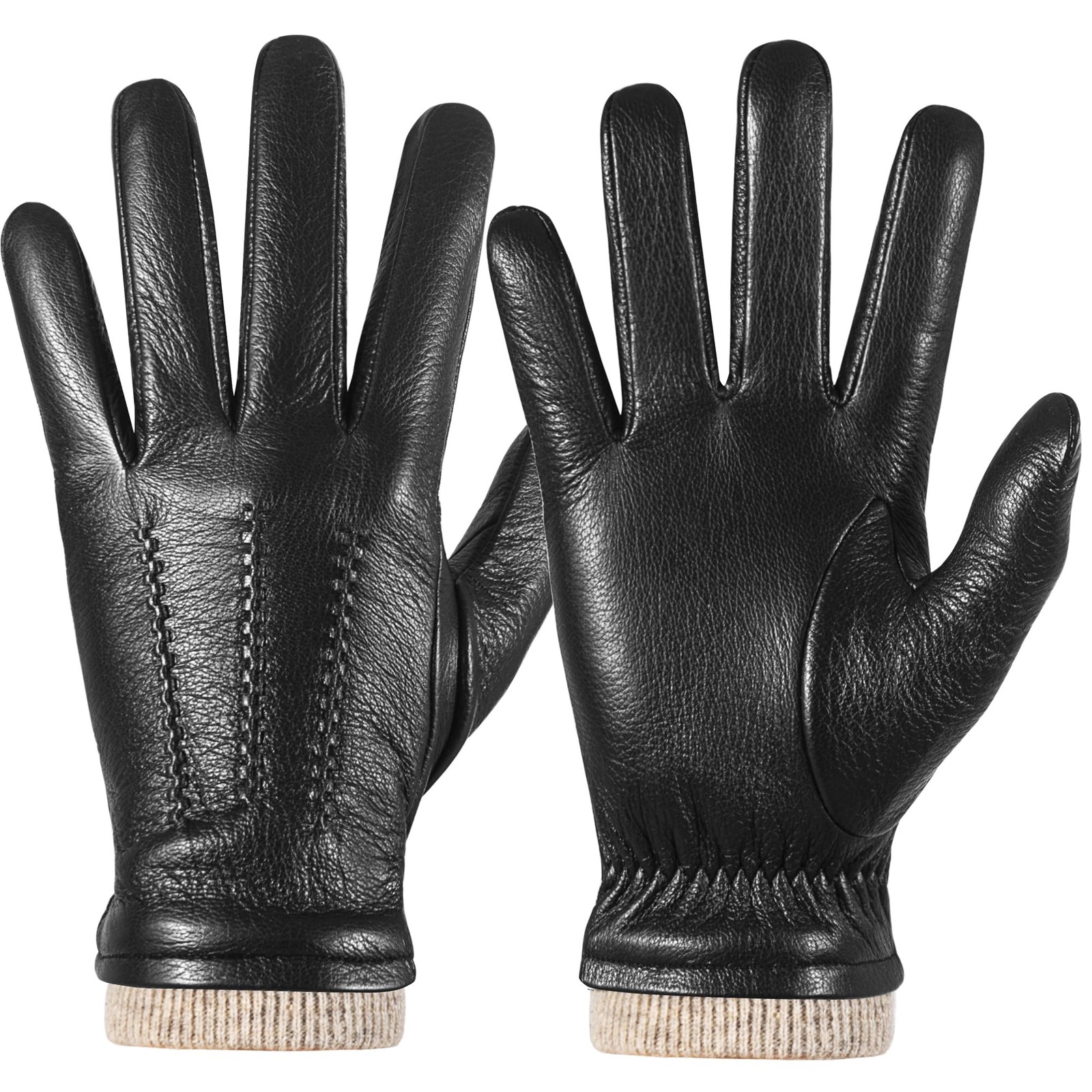 Winter Fashion Genuine Leather Gloves for Men, Cashmere Warm Lined Finger Tou...