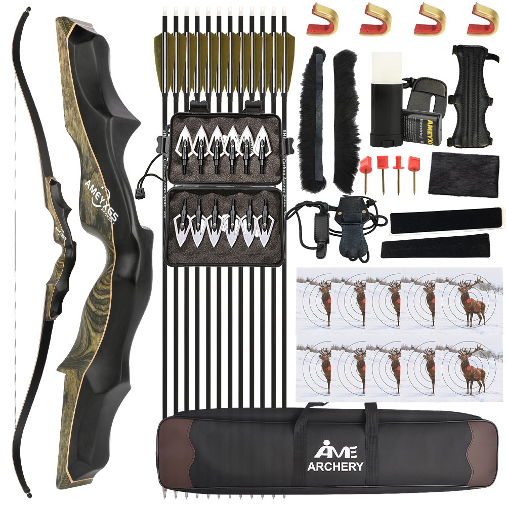 Archery Recurve Bow Arrow Set 62" Technical Wood Riser Hunting Target Hunters