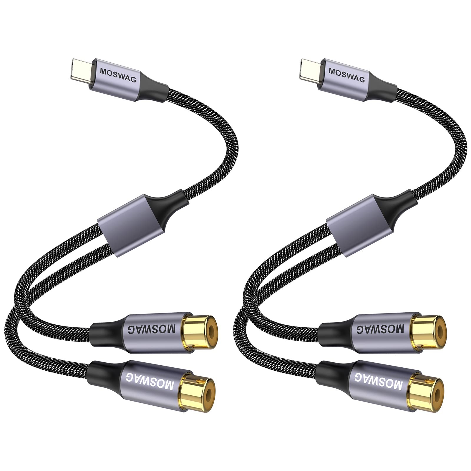 MOSWAG USB C Male to Dual Female RCA Stereo Audio Y Splitter 2 Pack, Black