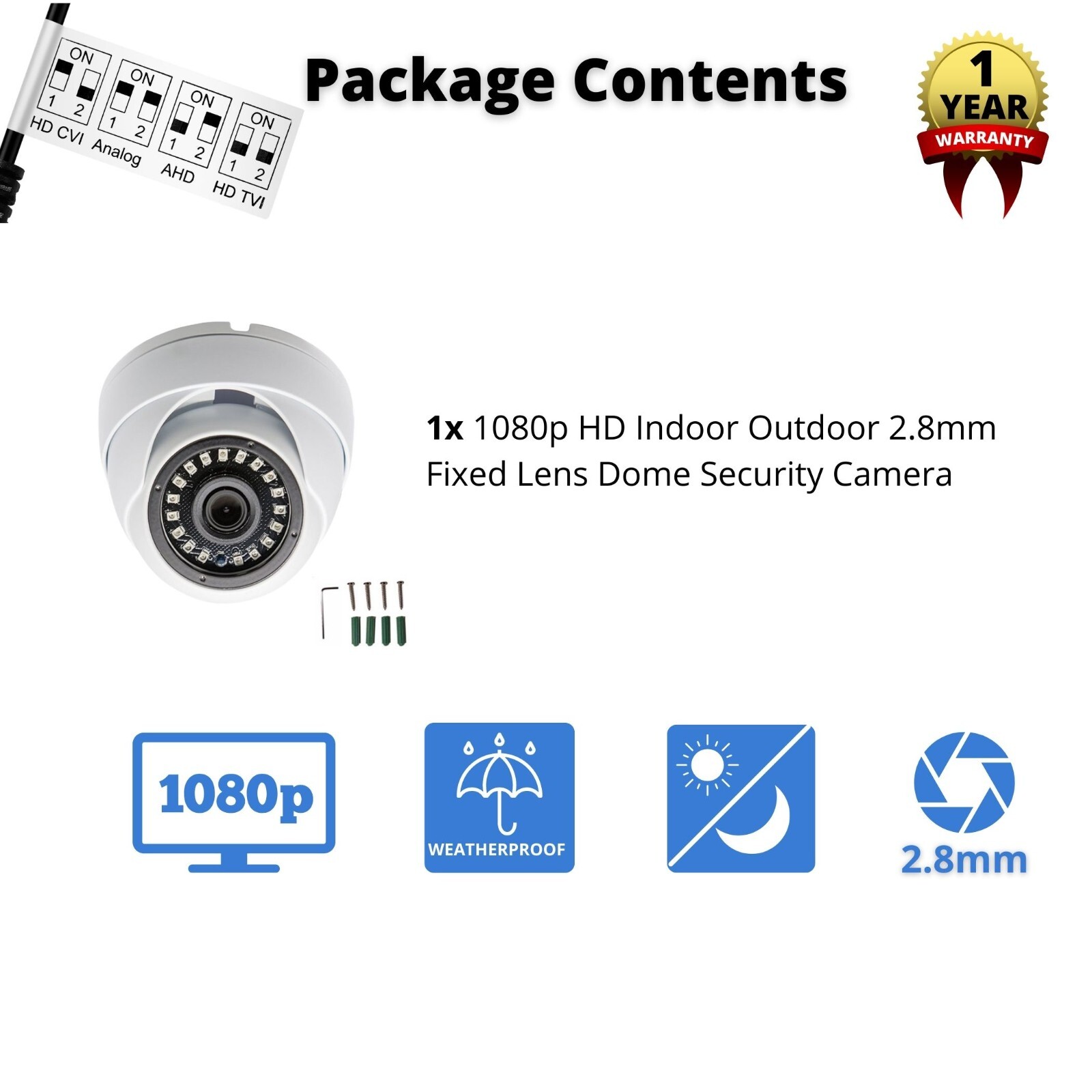1080p AHD TVI CVI Wide Angle Dome Outdoor Day Night Vision CCTV Security Camera