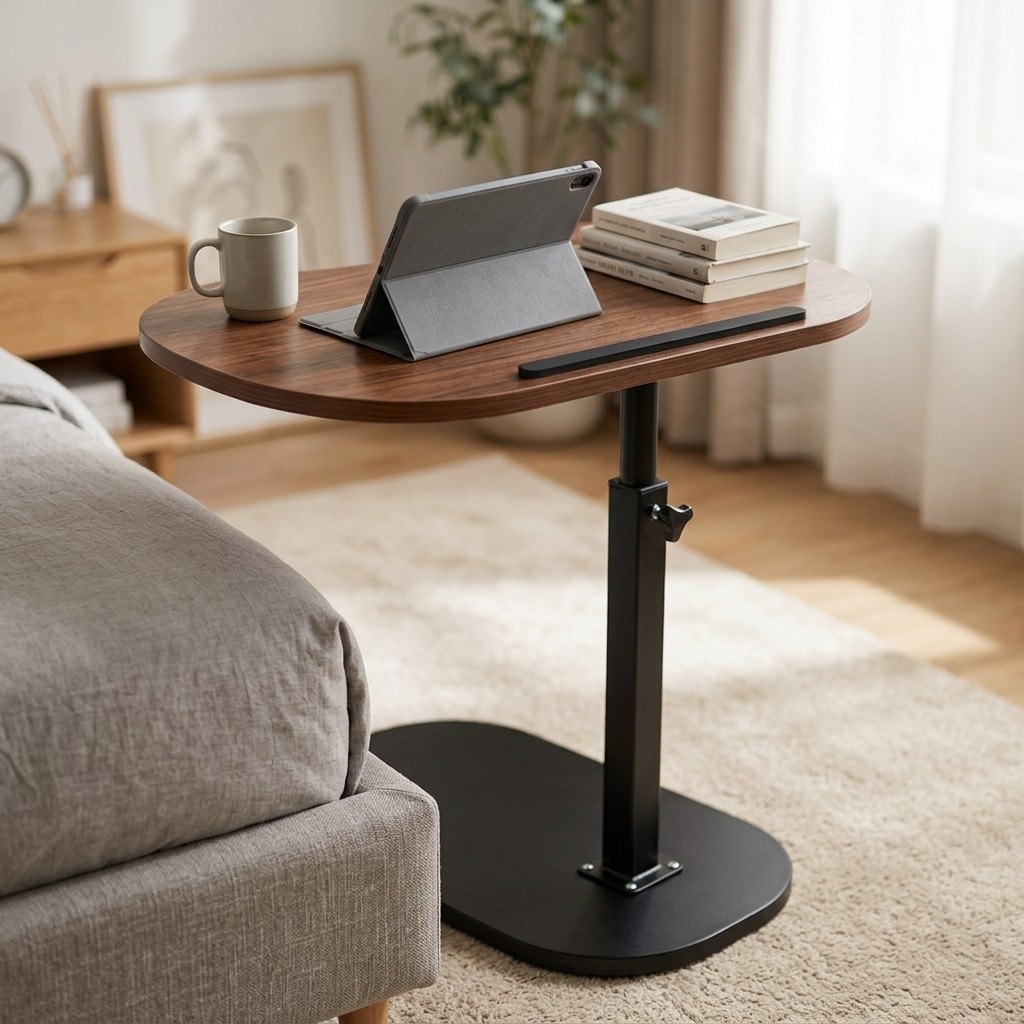 Walnut Height Adjustable Swivel Side Table, C-Shaped Sofa End Table