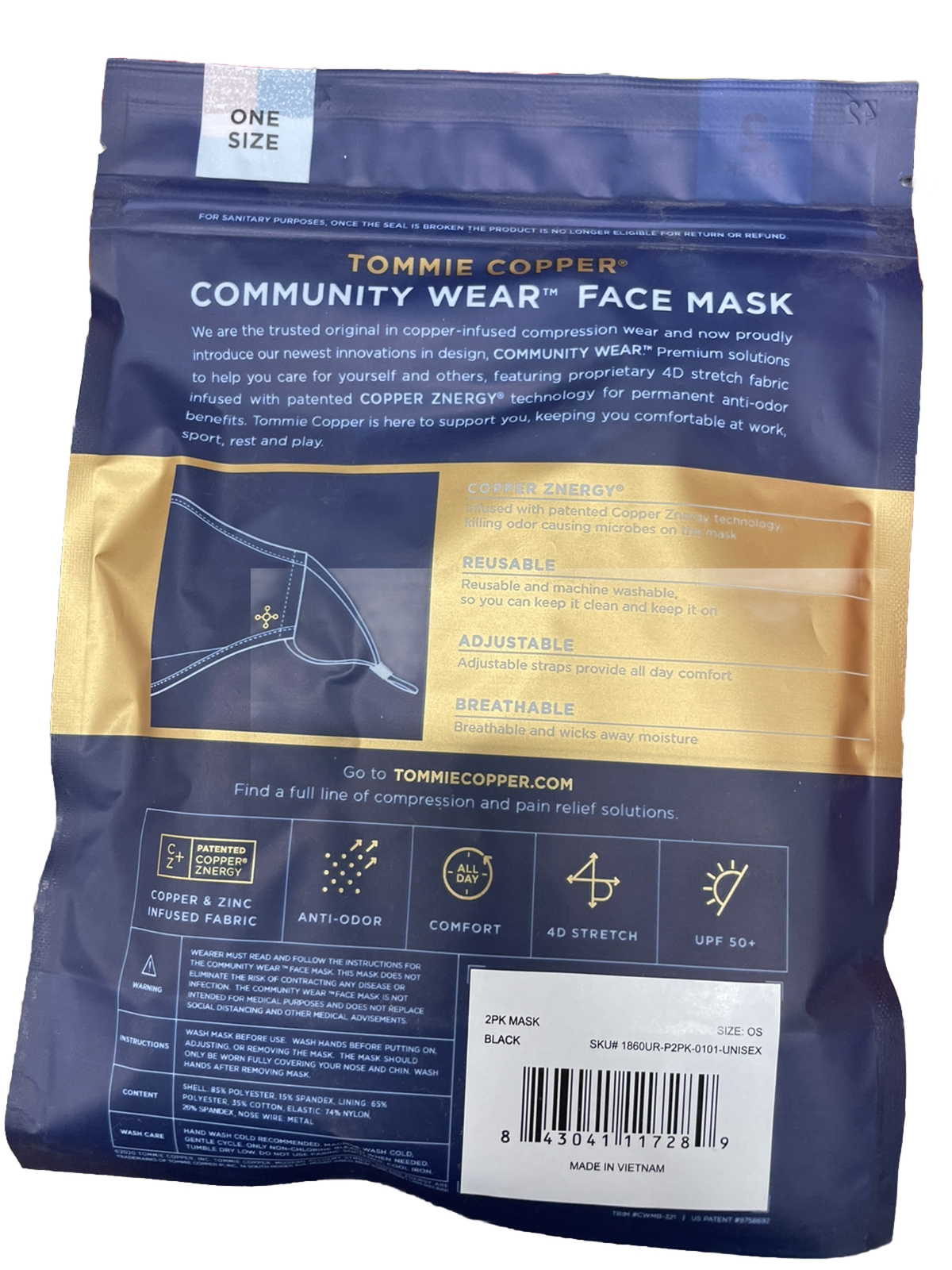 Tommie Copper Face Masks Covering Unisex 2-Pack Adjustable & Moisture Wicking