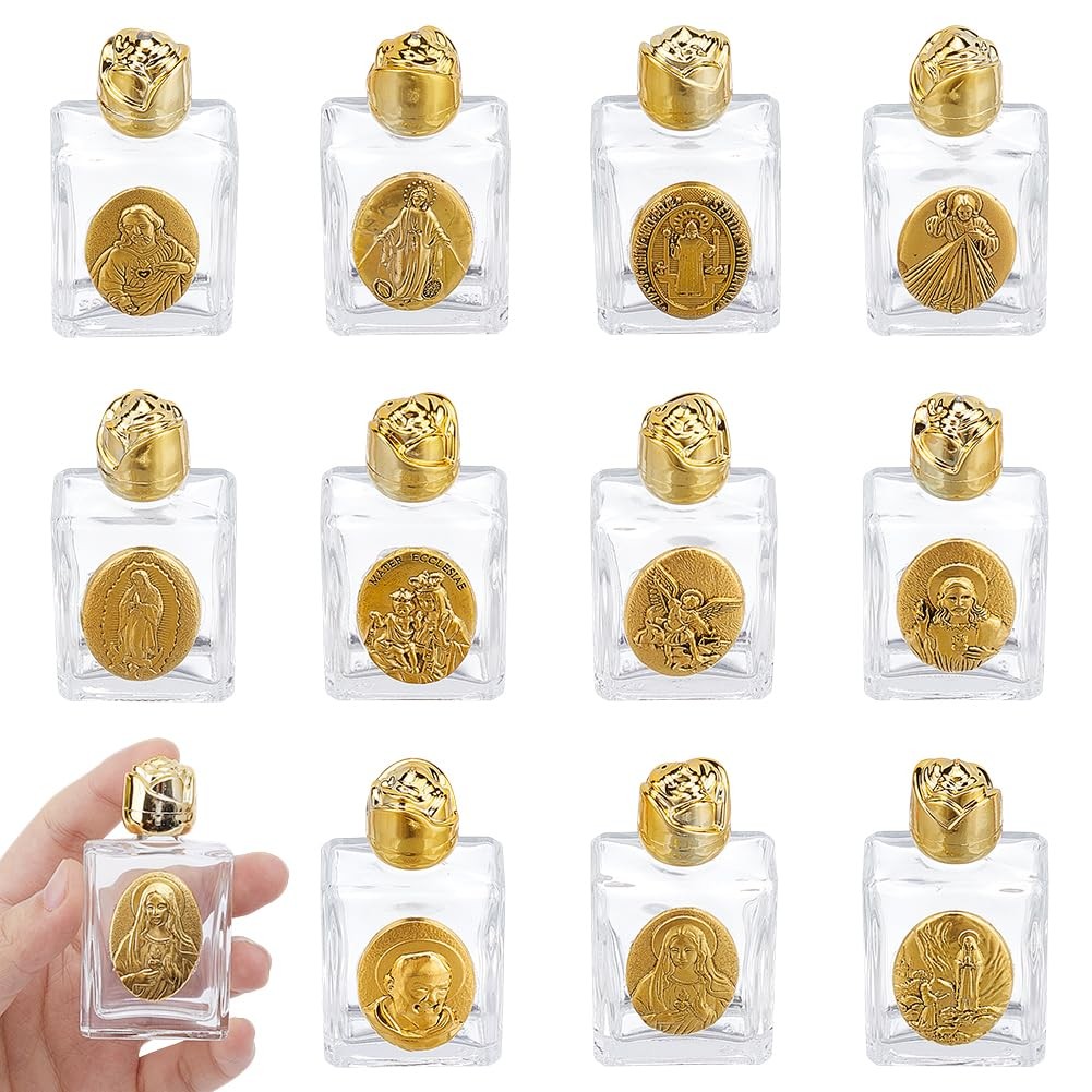 DELORIGIN 11PCS Holy Water Bottles 0.5 Floz (15ml) Mini Embossed Glass Holy W...