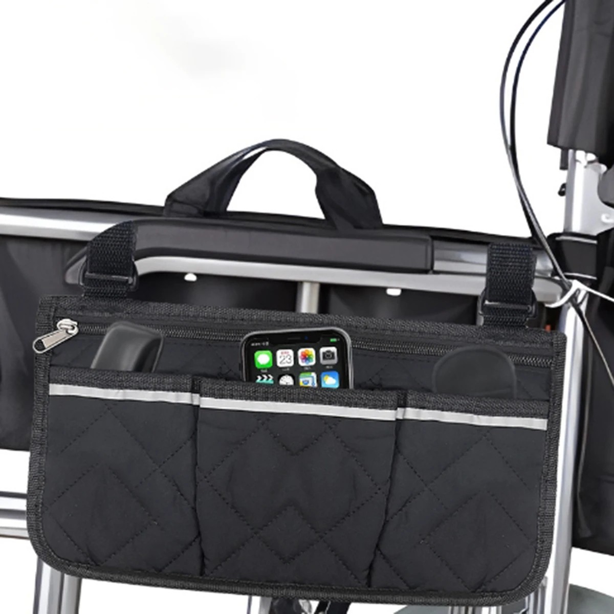 Wheelchair Side Bag Hang on Side Armrest Accessories Storage Pouch w/ Cup Holder