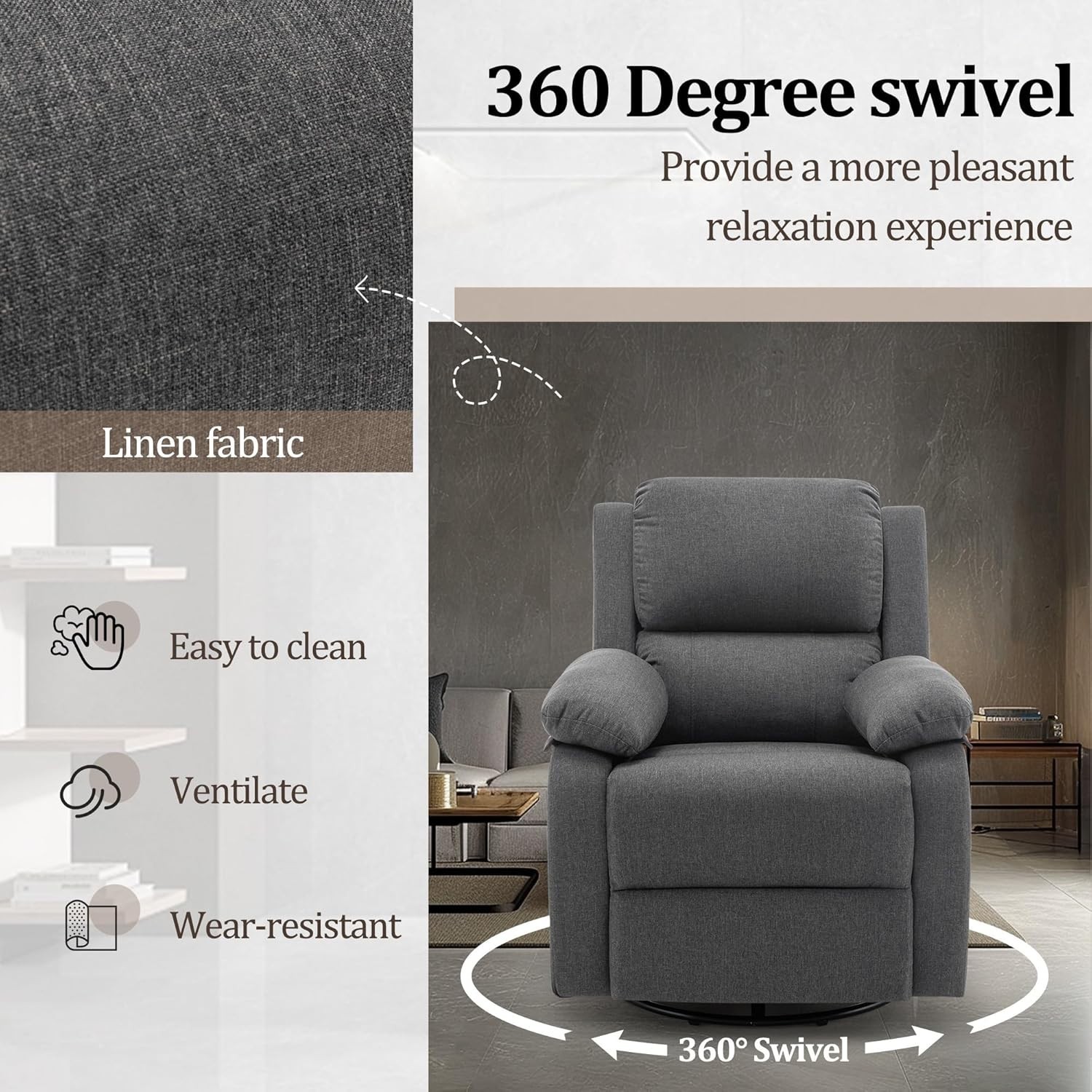 Recliner Chair, 360 Swivel Rocker Chair for Adults, Small Rocking Recliner Chair