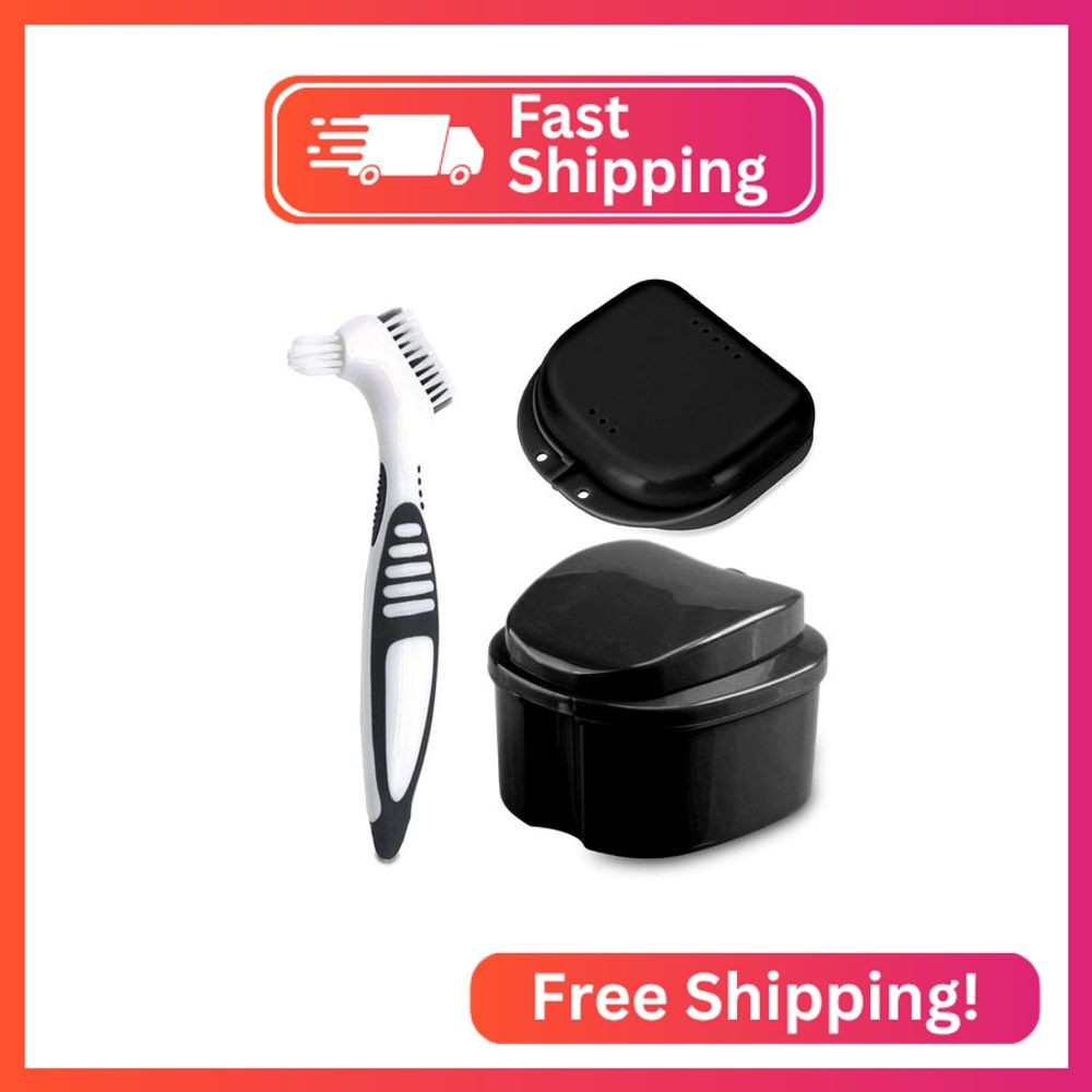 Denture Bath Case Cup with Denture Cleaner Brush & Retainer Holder Box, Complete