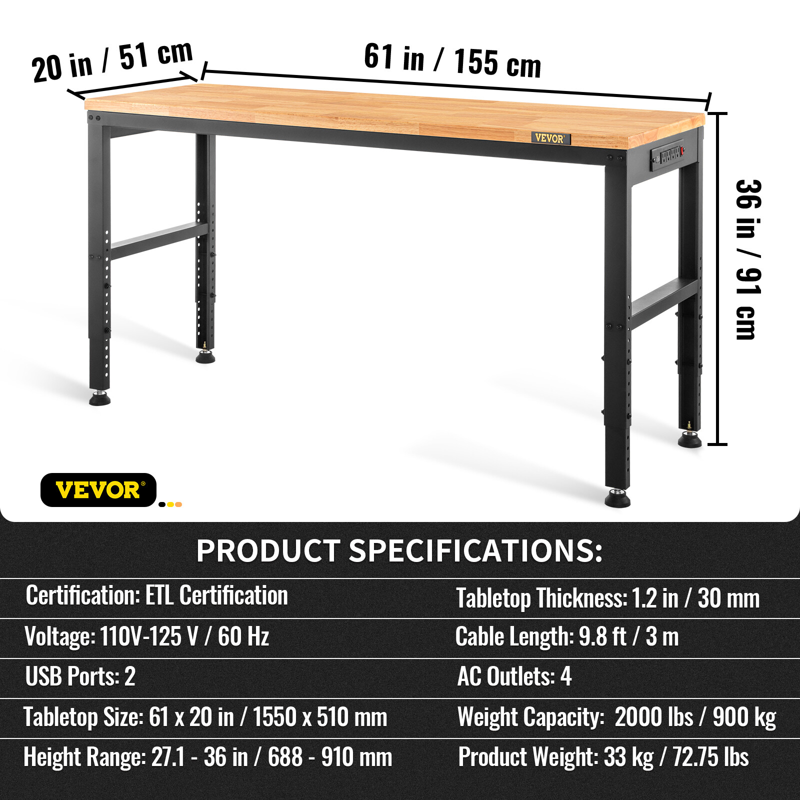 61"x 20" Adjustable Height Workbench 2000 lbs Oak Plank w/ Power Outlets 110V