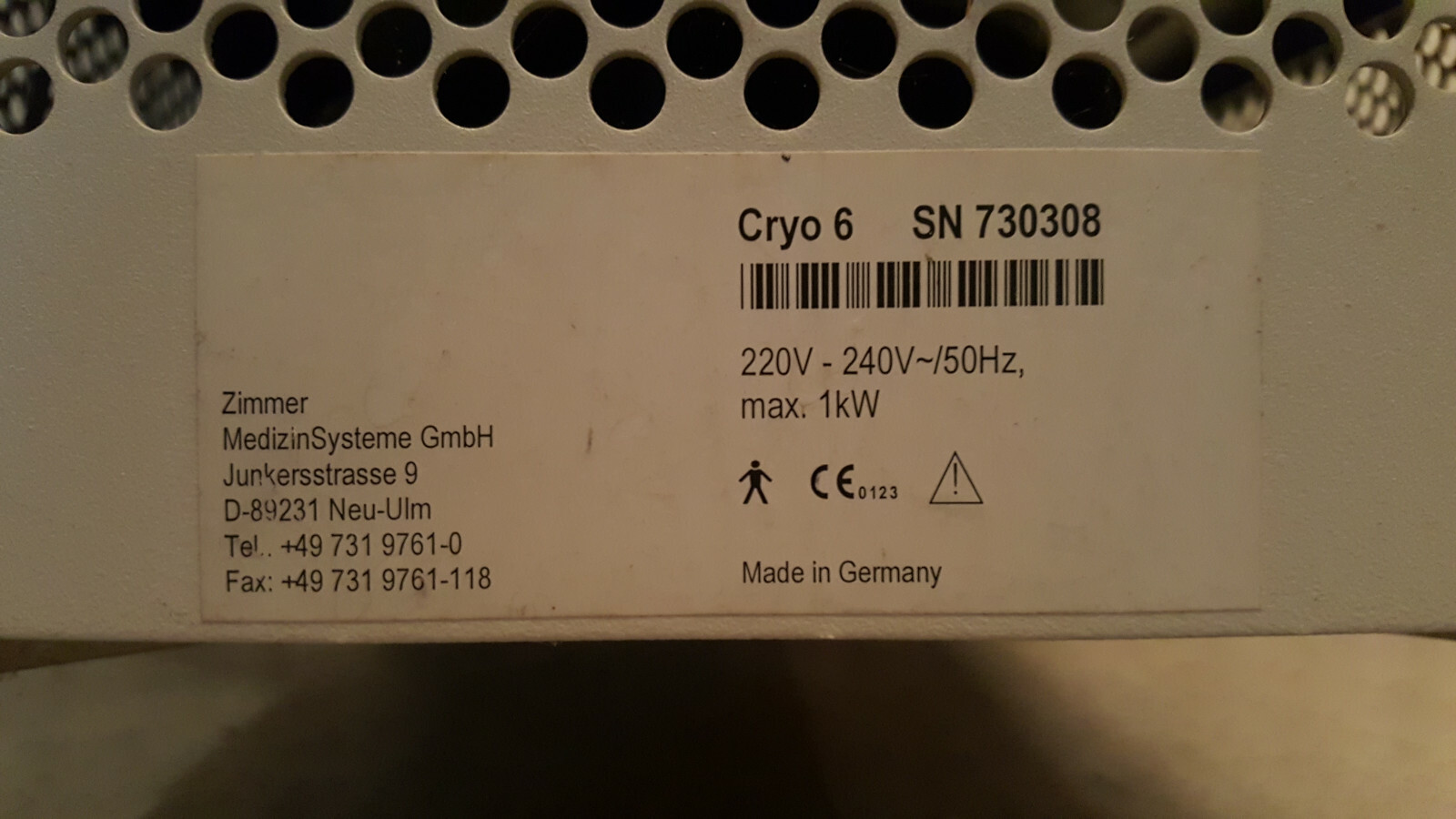 ZIMMER CRYO 6 Forced air cooling