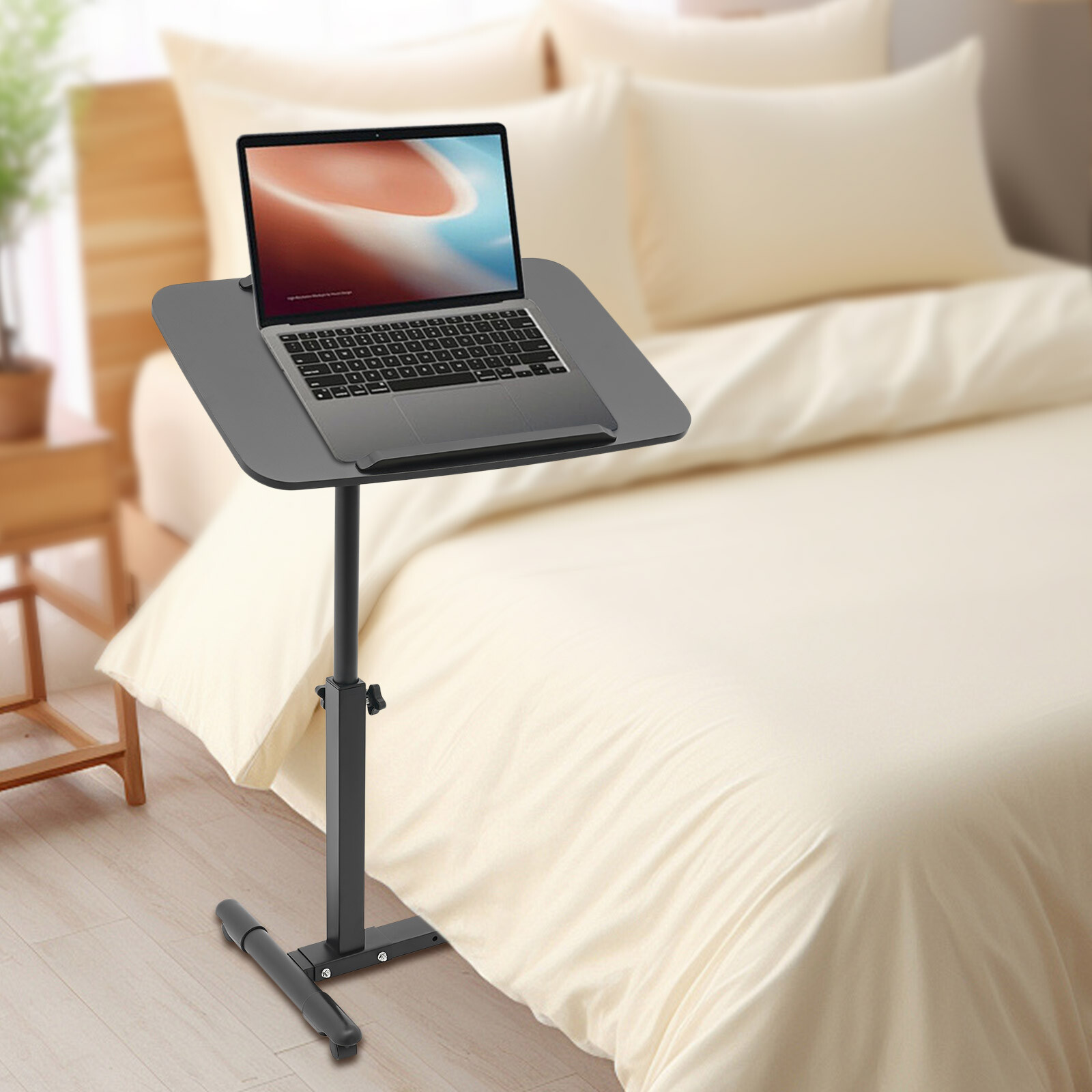 Lifting Bedside Table Height Adjustable Sofa Overbed Table With Wheels Black