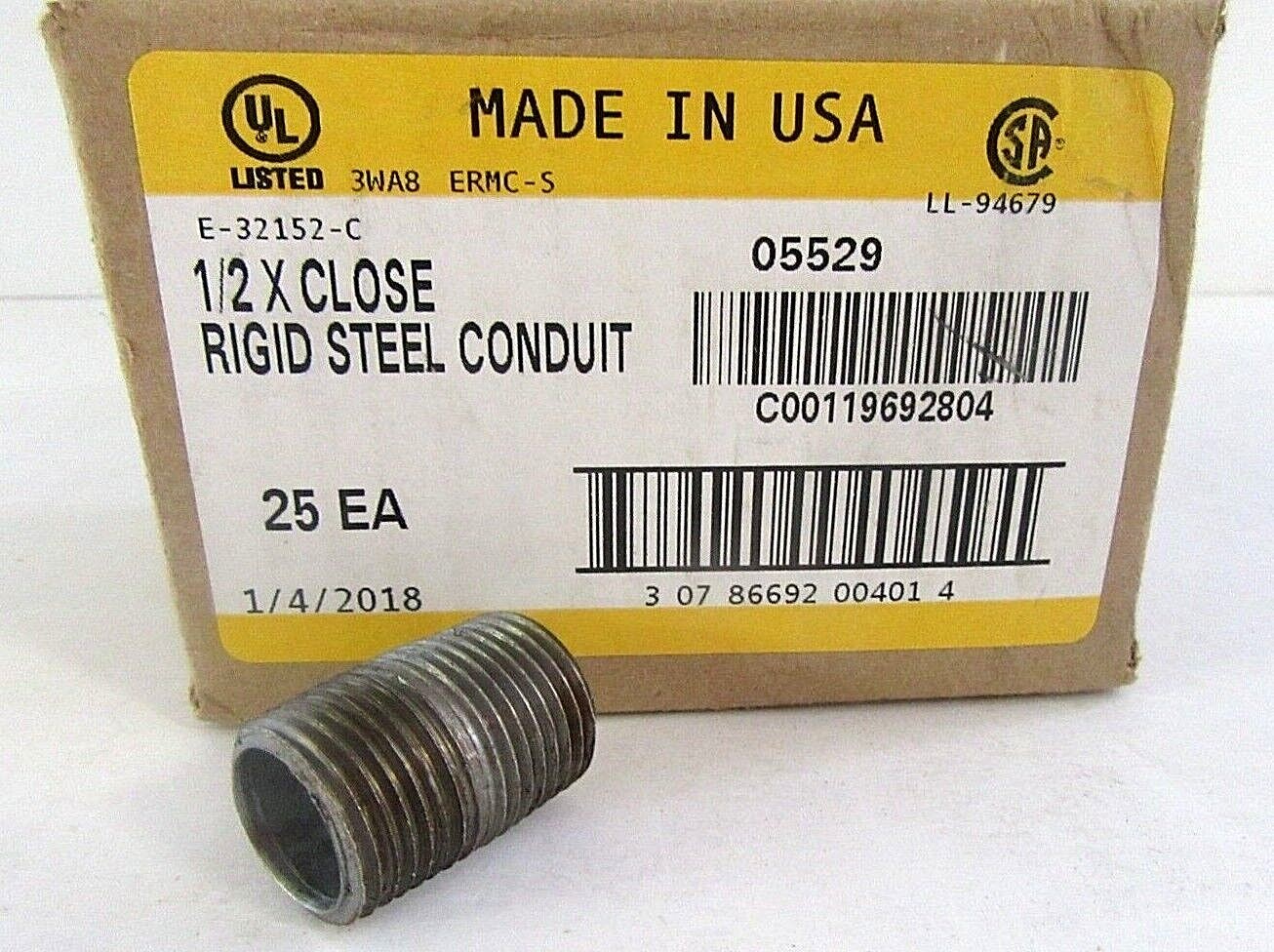 Wheatland Tube 05529 Rigid Steel 1/2" Closed Conduit Nipple (Qty 25)