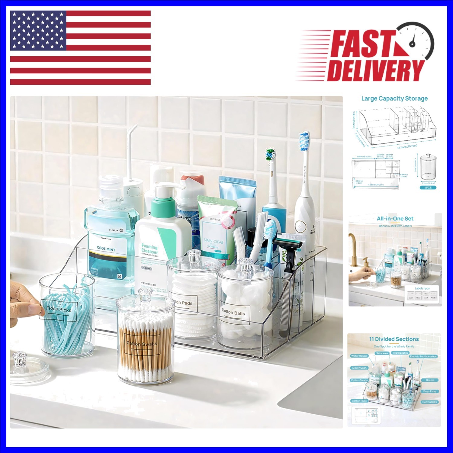 Durable 5-Piece Bathroom Accessory Storage Set with 4 Clear Jars and Dividers