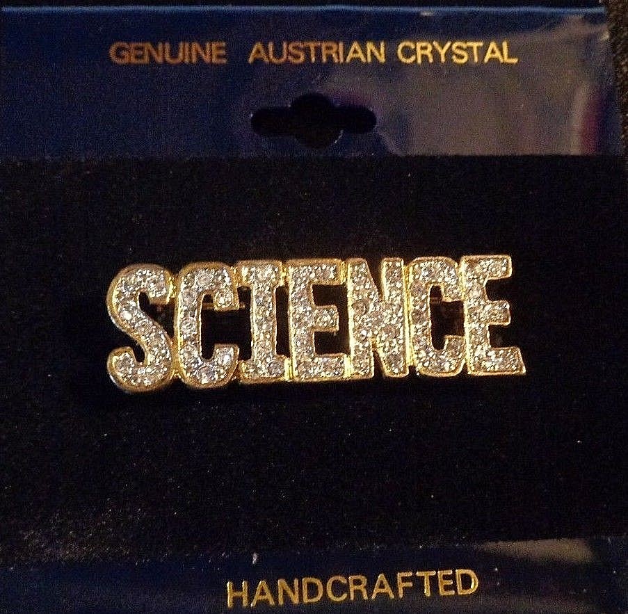 "SCIENCE" PIN * GENUINE AUSTRIAN CRYSTALS * HANDCRAFTED * GOLD TONE * 1.5" LONG