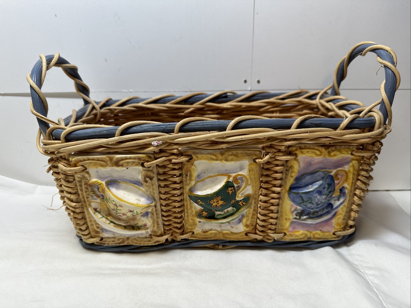 Kitchen Wicker Basket Teacup Ceramic Tiles w Handles Storage