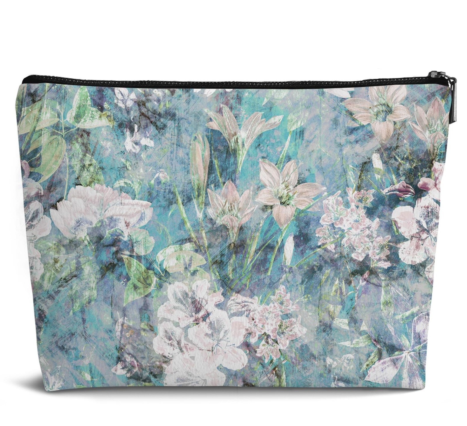 Vintage Flower Aesthetic Leather Makeup Bag,Blue Abstract Flower Small Zipper...