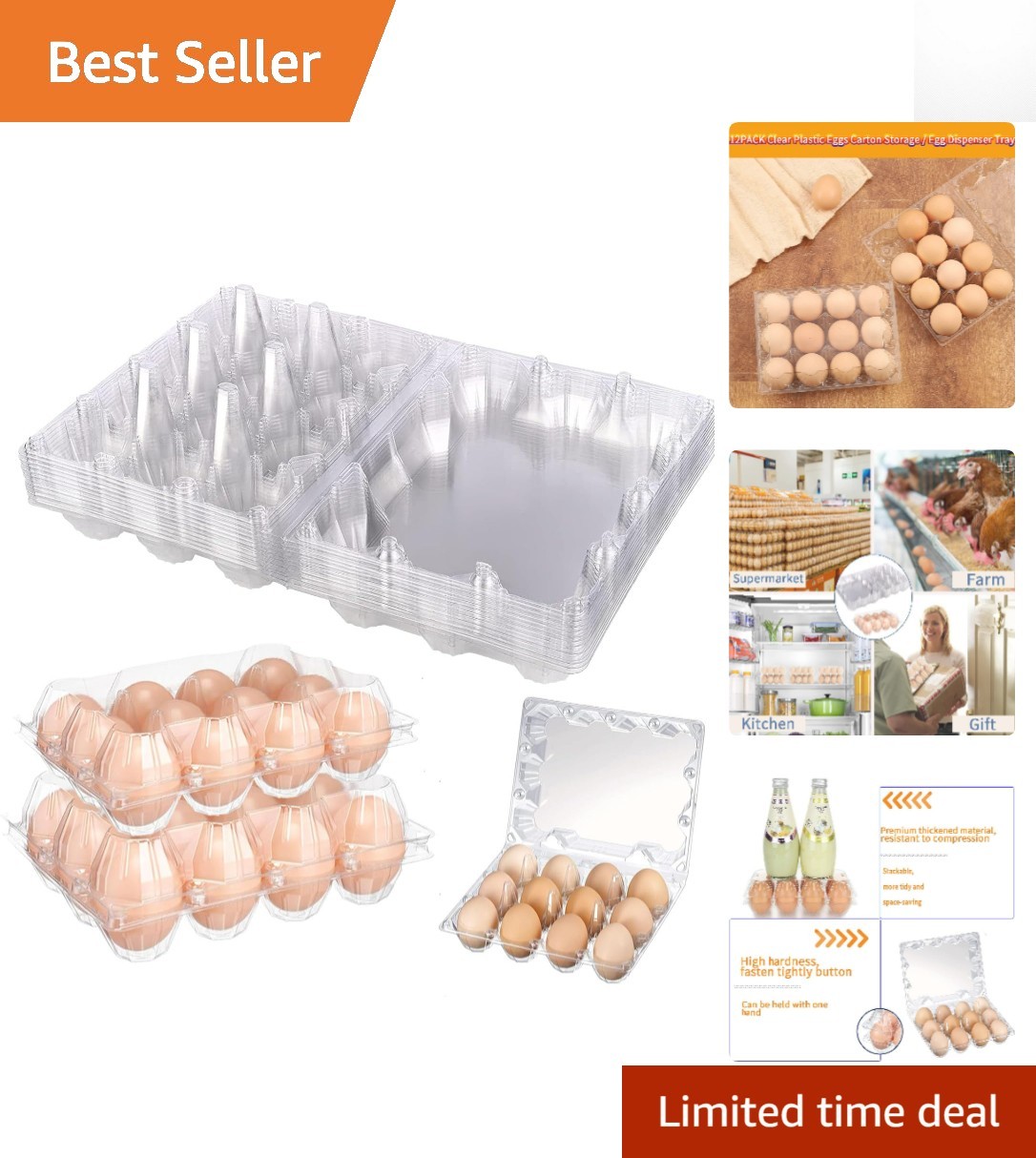 Space-Saving 12 Pack Egg Cartons - Clear Reusable Plastic for Safe Egg Storage