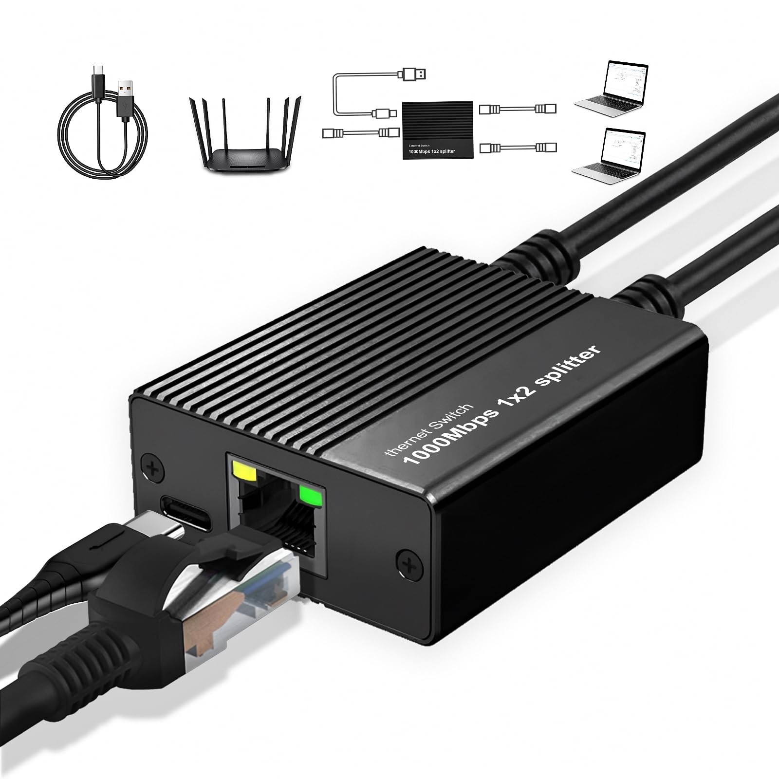 Ethernet Splitter 1 to 2 High Speed 1000Mbps Network Splitter with USB Power ...