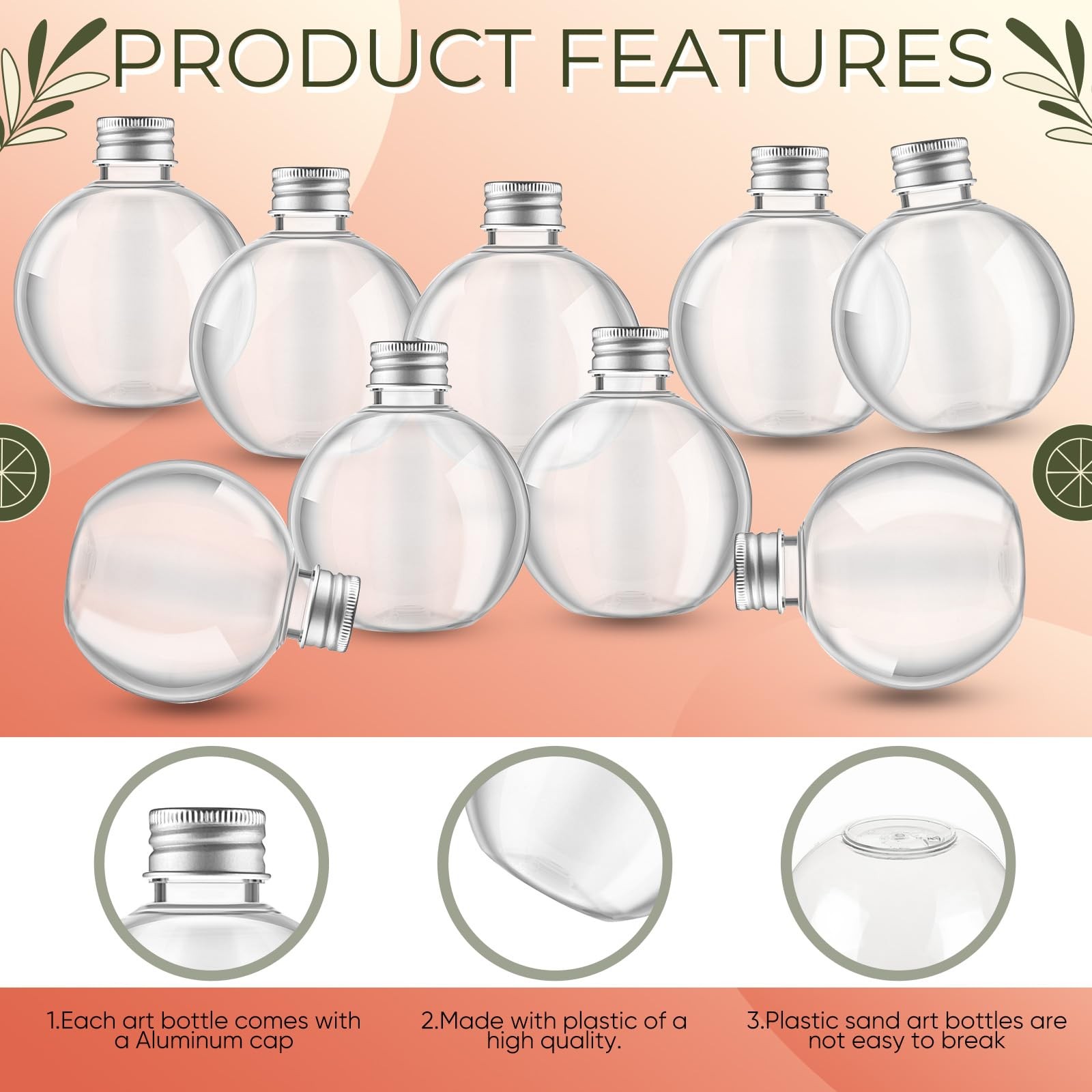 Plastic Potion Bottles 6oz Spherical Corks Funnels Ball Shape Silver 50 Pack