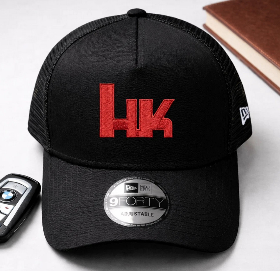 Red HK Black New Era Mesh Trucker Hat, Unisex Hat, Embroidered Logo Hat