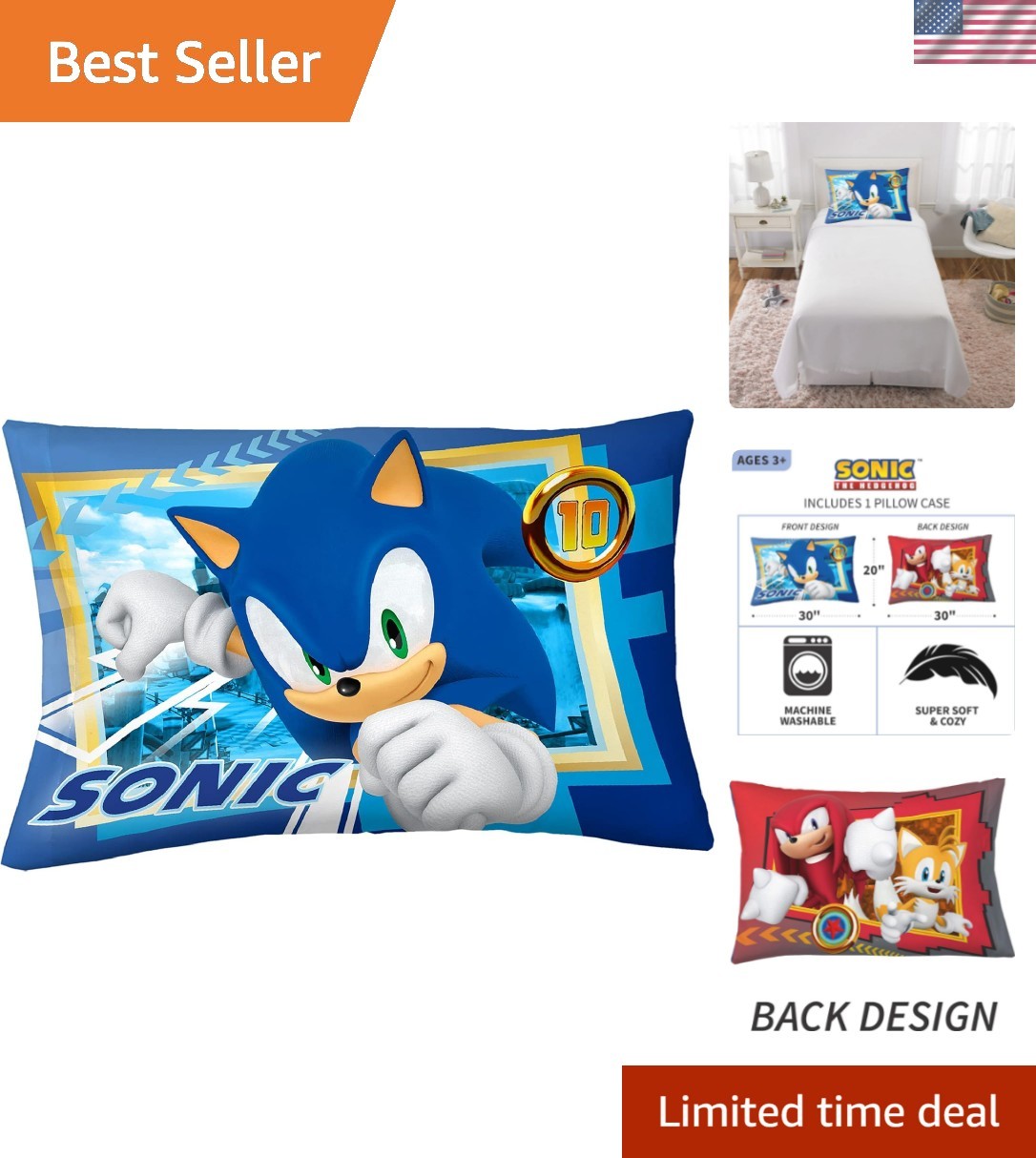 Vibrant Sonic the Hedgehog Microfiber Pillowcase - Perfect for Little Gamers