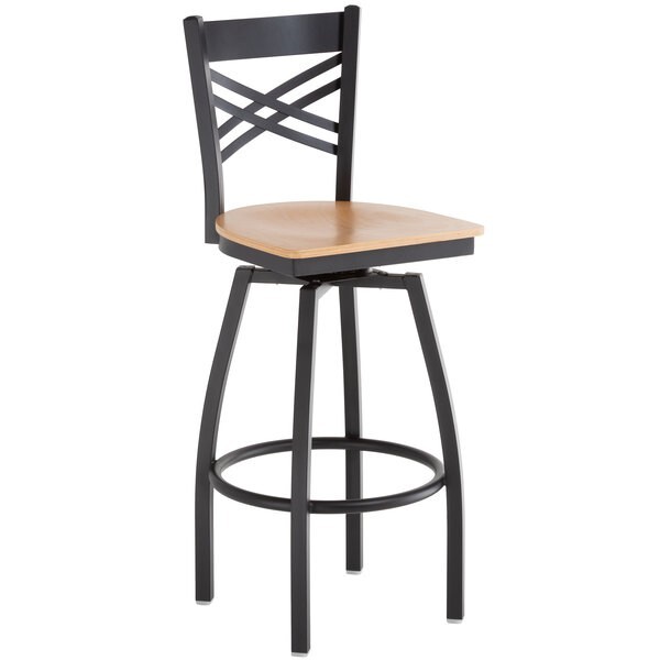 Cross Back Swivel Metal Restaurant Barstool with Natural Wood Seat