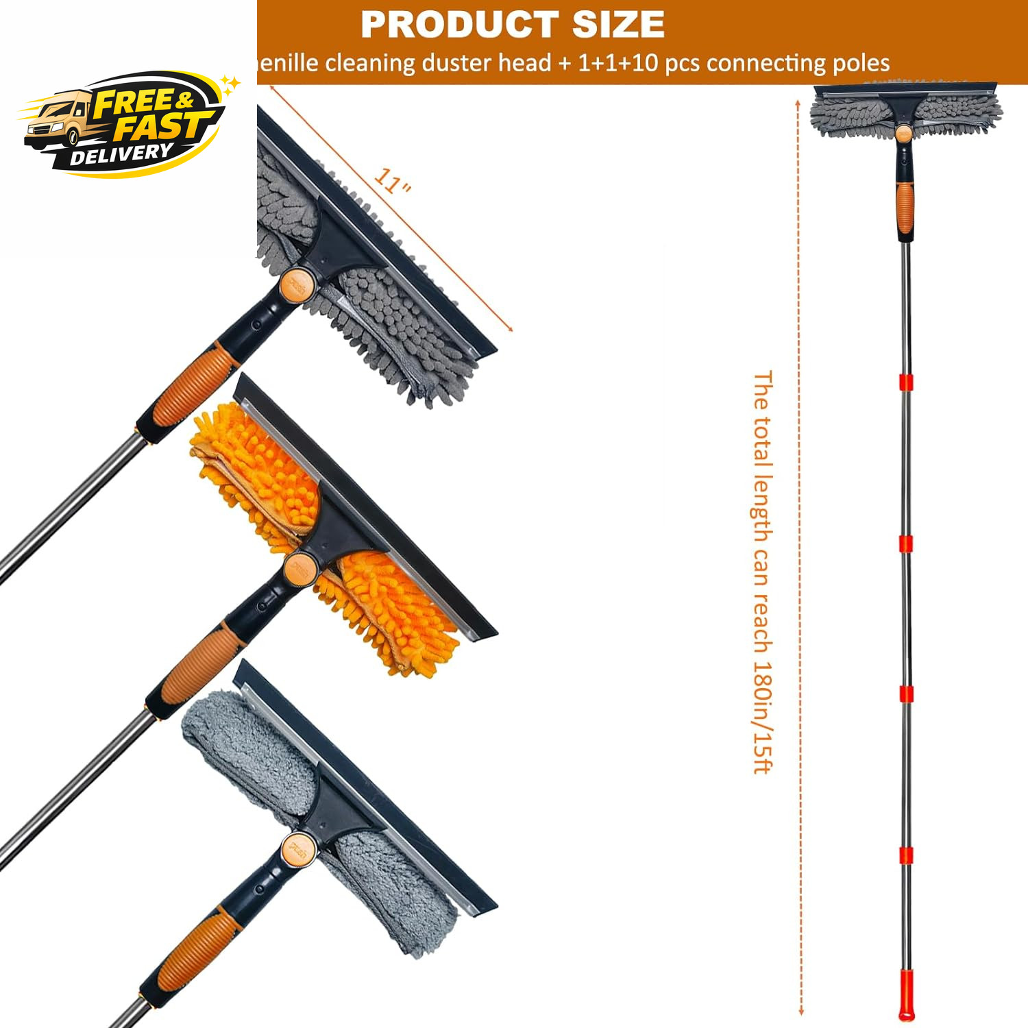 20 Ft+ Reach Squeegee Window Cleaner Duster 2 in 1 Rotatable Window Cleaning Too