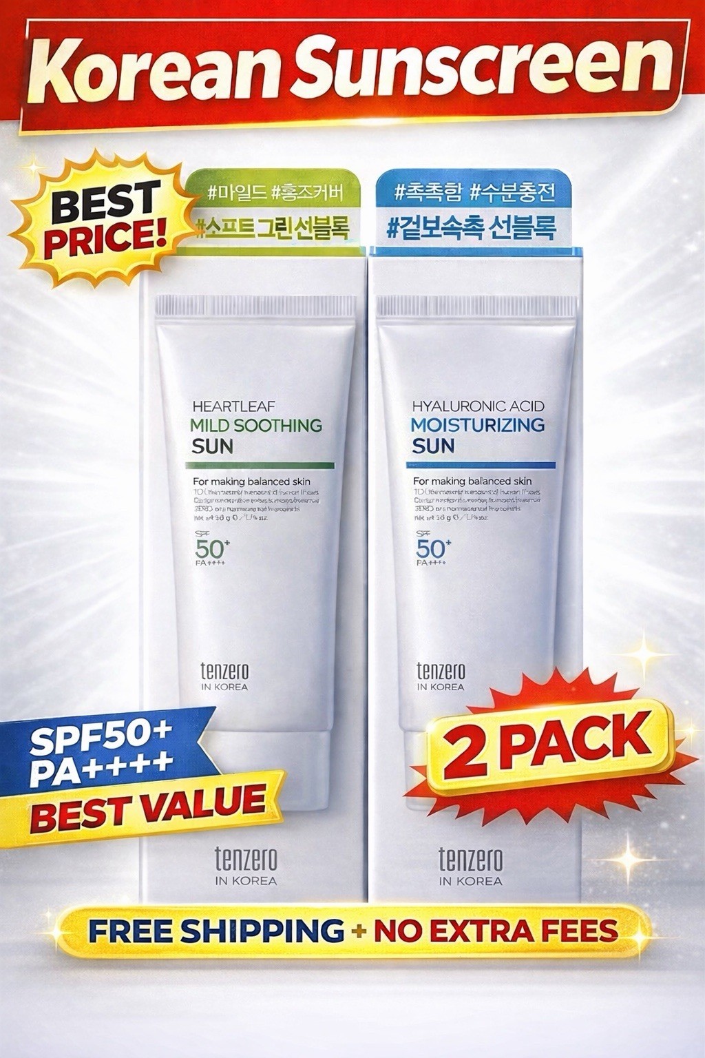 Tenzero Korean Sunscreen SPF50+ PA++++ 2 Pack Moisturizing Sun Cream