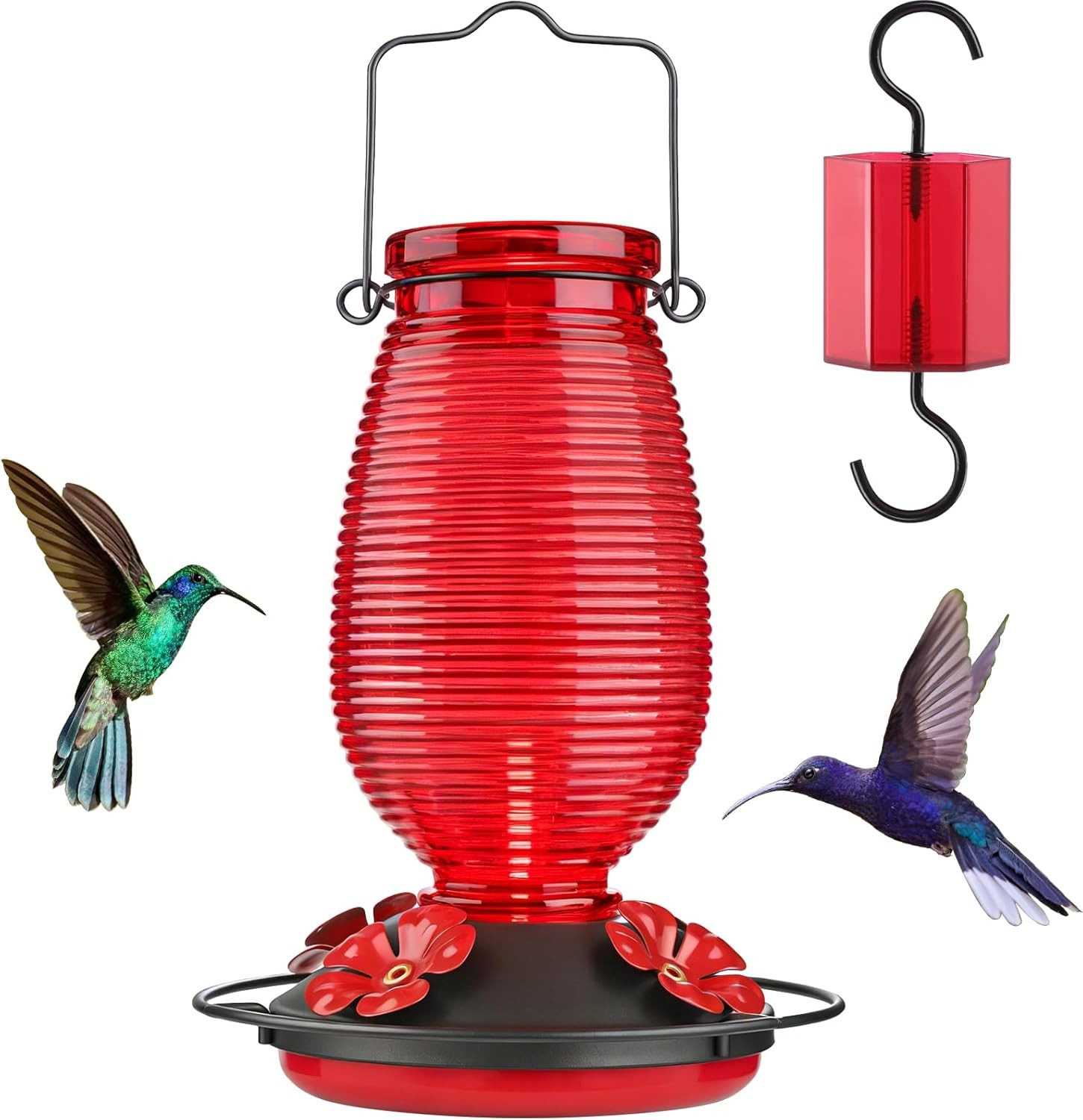 FEED GARDEN Glass Hummingbird Feeder, 20oz Leak-Proof with Built-in Ant Moat, 4