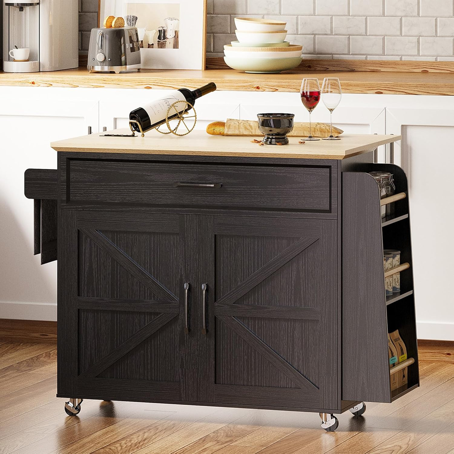 Rolling Kitchen Island Cart with Storage & Power Outlet - Black