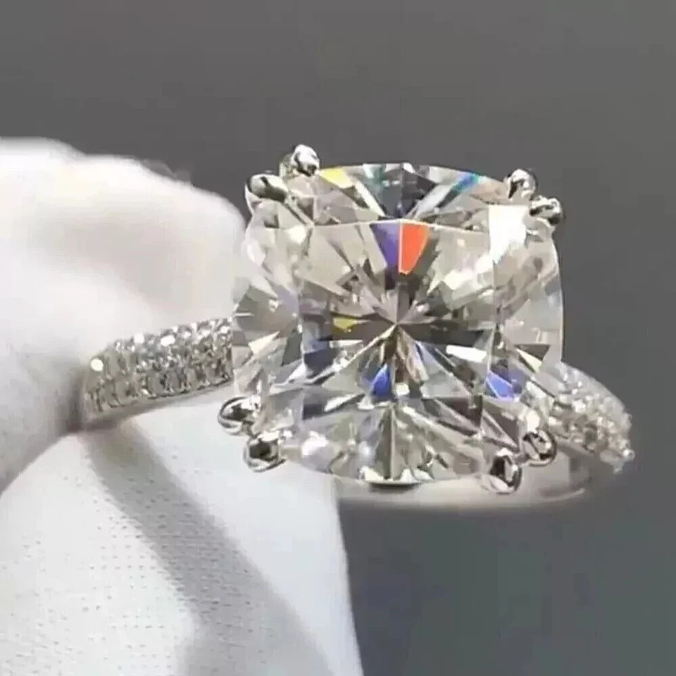 3.20 Ct Cushion Cut White Moissanite Prong Engagement Ring 925 Sterling Silver