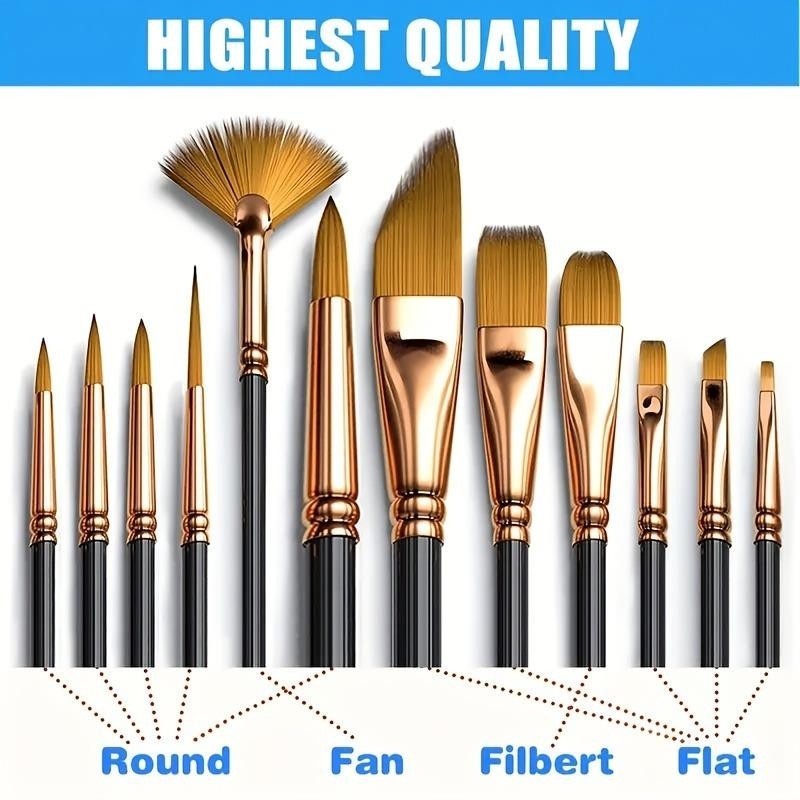 12pcs Nylon Flat Brush Set for Acrylic Oil Watercolor Fabric Painting Artists