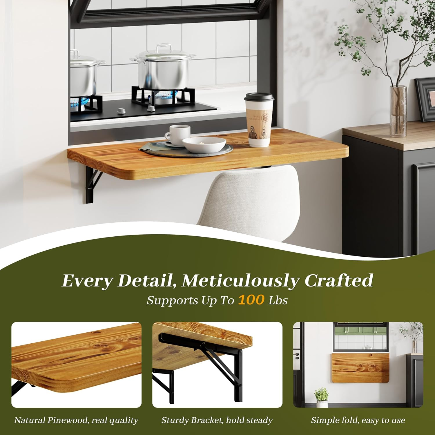 24" X 14" Floating Wall Desk, Fold down Wall Table - 100 Lbs Heavy Duty Solid Pi