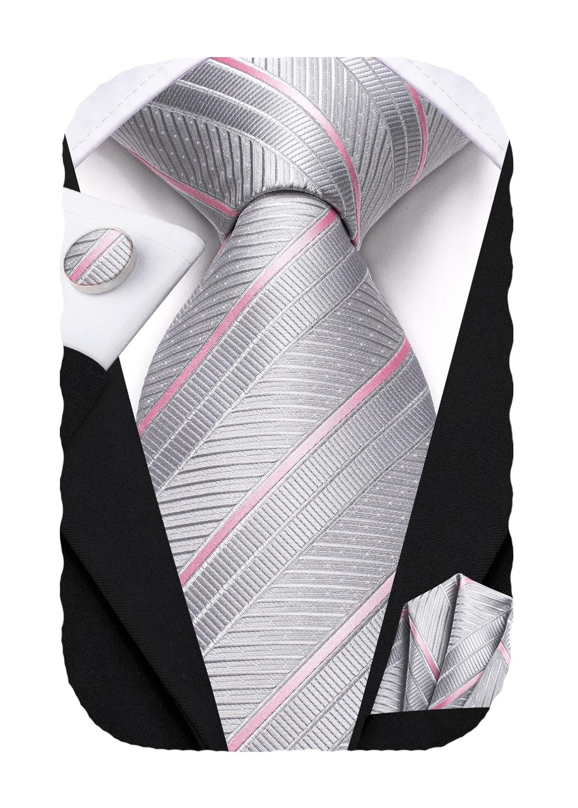 Hi-Tie Men's 70" Extra Long Ties Silver and Pink Silk Striped Woven Necktie P...
