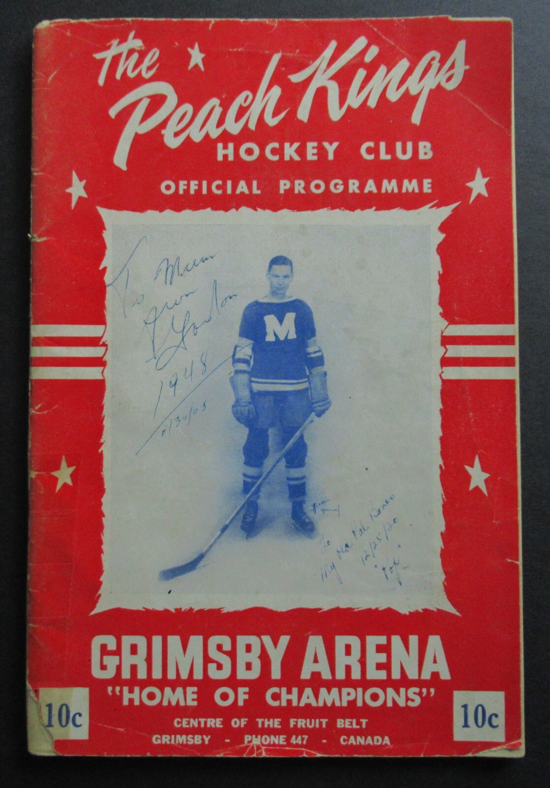 EXTREMELY RARE 1948-49 The Peach Kings Hockey Program, Reid Glass Clancy Dodds