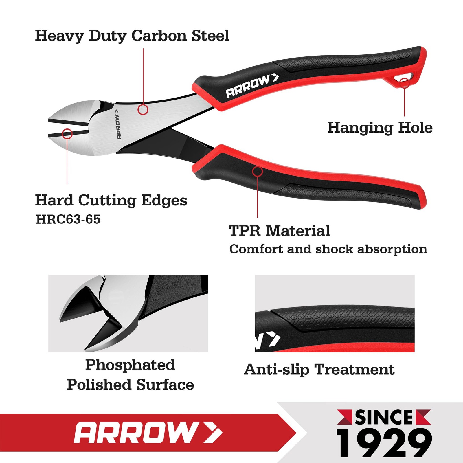 ARROW High Leverage Diagonal Pliers, 8 Inch Wire Cutters with Comfortable TPR...