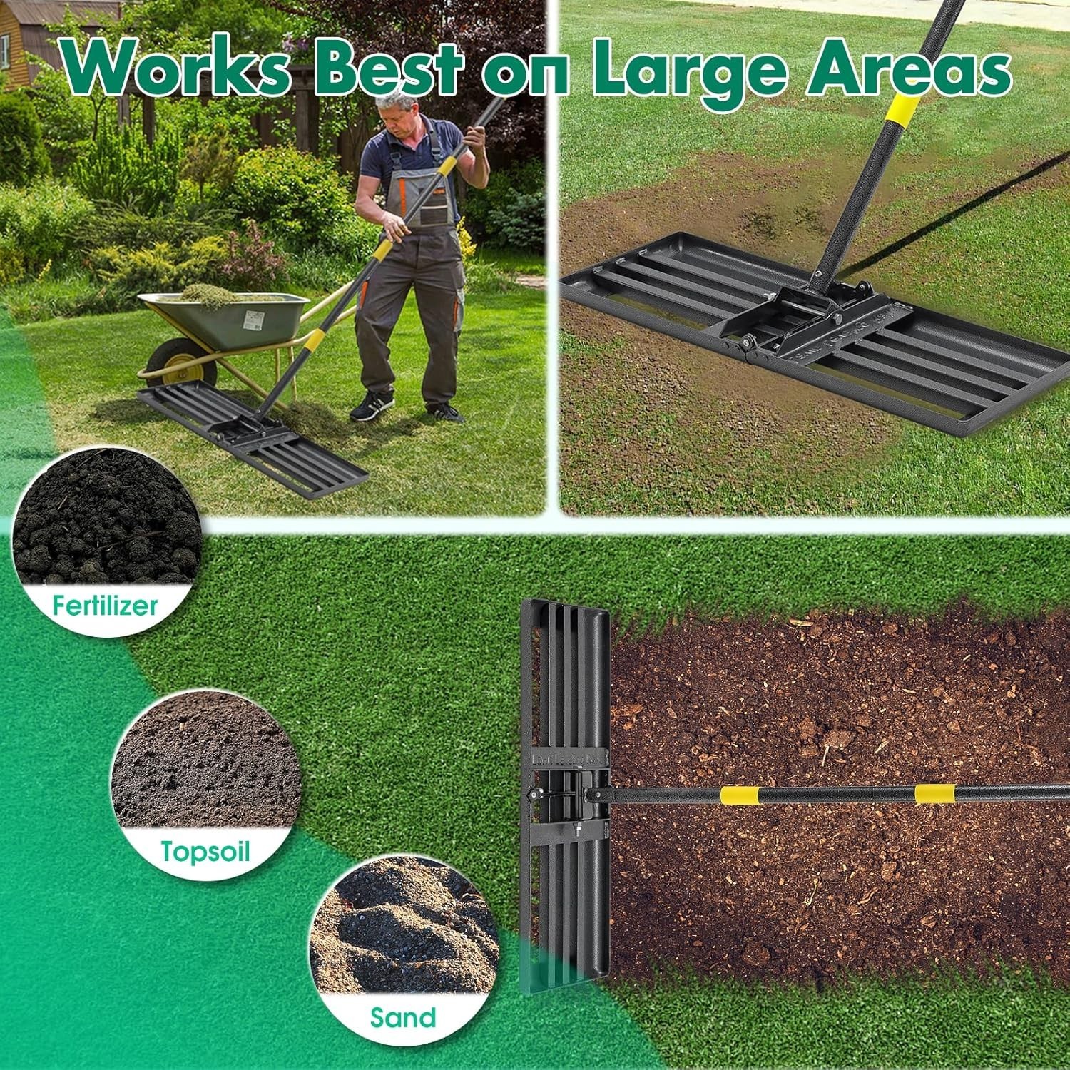 Compact & Versatile Lawn Level Rake with 56 Inch Adjustable Long Handle Design