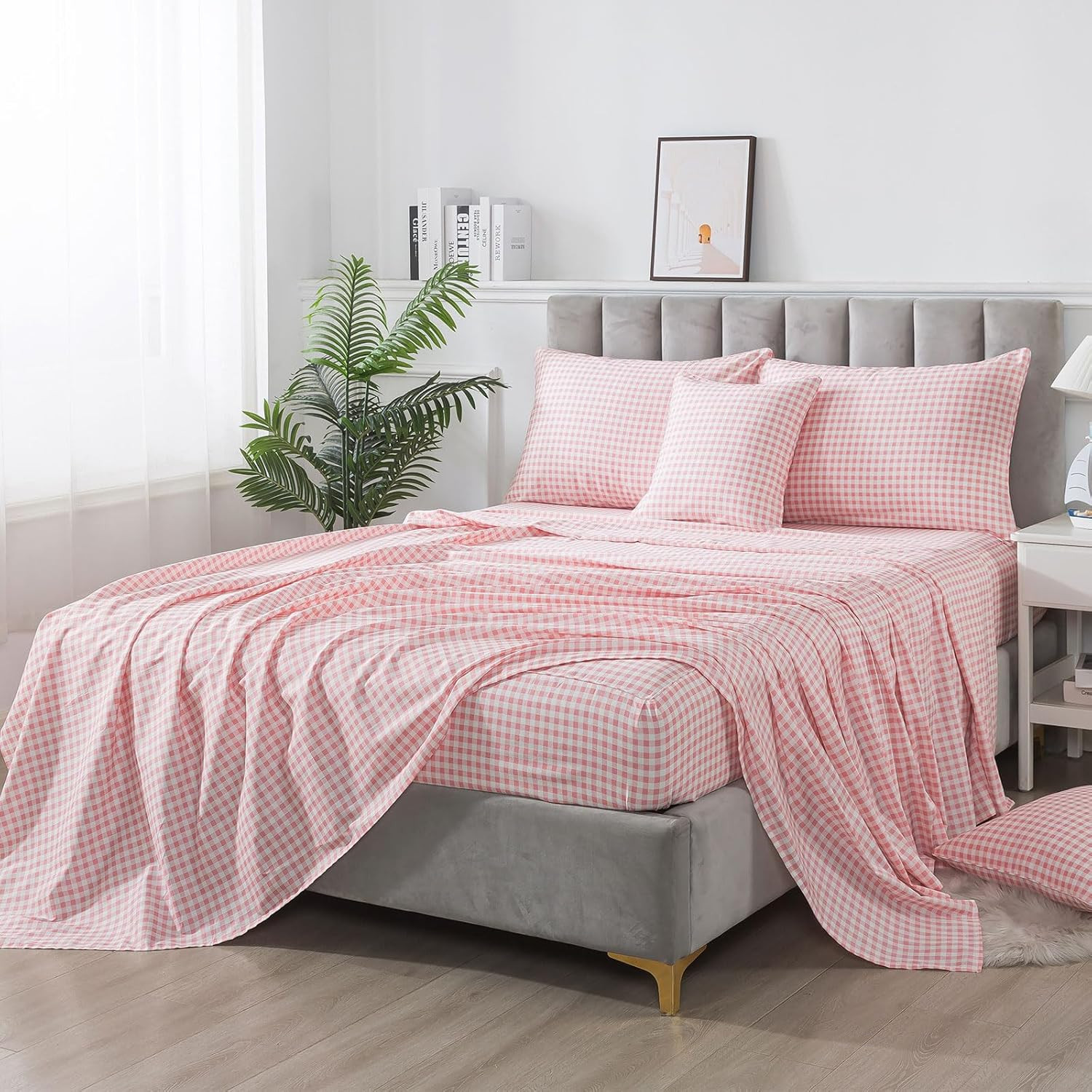 Ultra Soft Pink Plaid King Size Cotton Sheets with 2 Pillowcases - 4Pcs Set