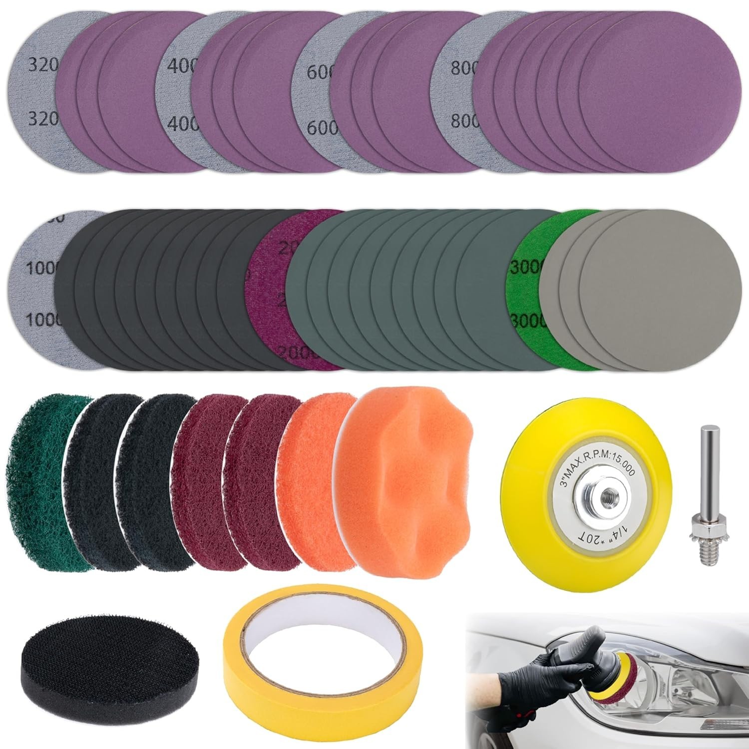 53 PCS Car Headlight Restoration Kit, 3 Inch Drill Sanding Disc with 1/4 Inch Sh