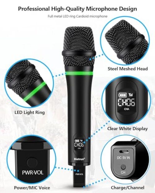 Wireless Microphone Rechargeable, 168FT Range Bluetooth Microphone Black