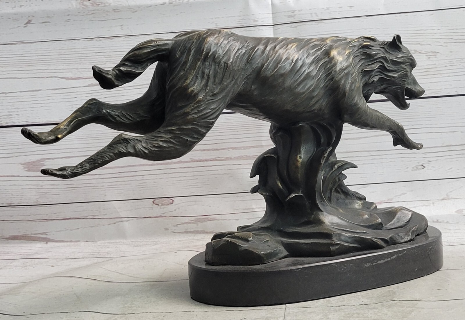 Dynamic Wolf Sculpture C Williams Signed Original Lost Wax Method Office