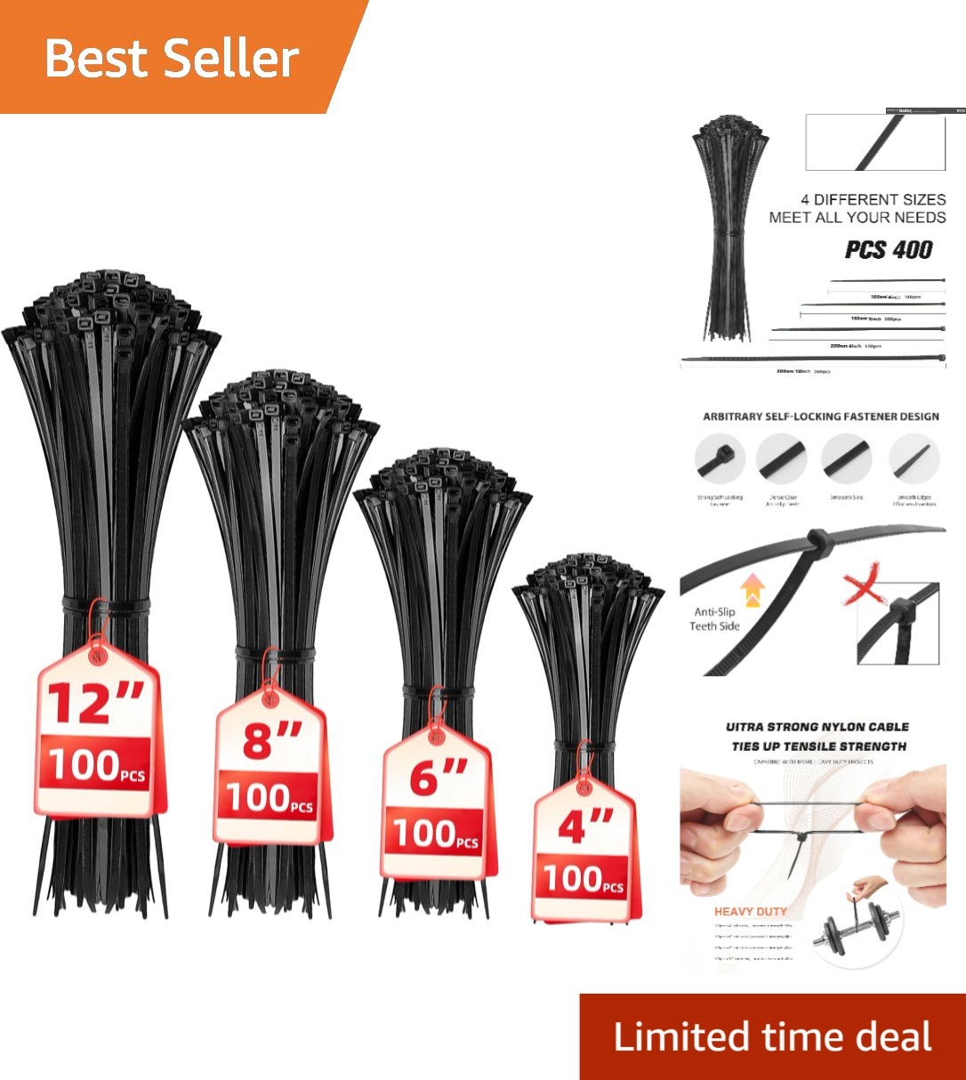 Assorted Sizes Zip Ties - 400 Self-Locking Nylon Cable Ties for Home & Office